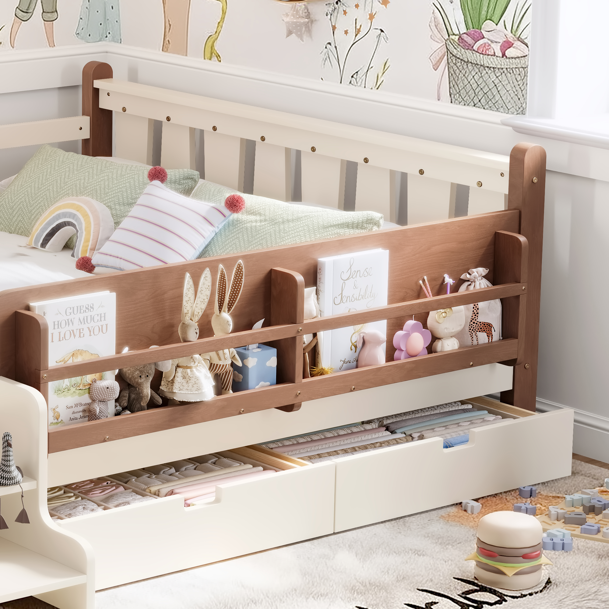 Queen Size Floor Bed with Storage Bookcases and Drawers, Solid Wood Kids Floor Bed with Cute Stairs and Guardrails, No Box Spring Needed, Beige - Image 4