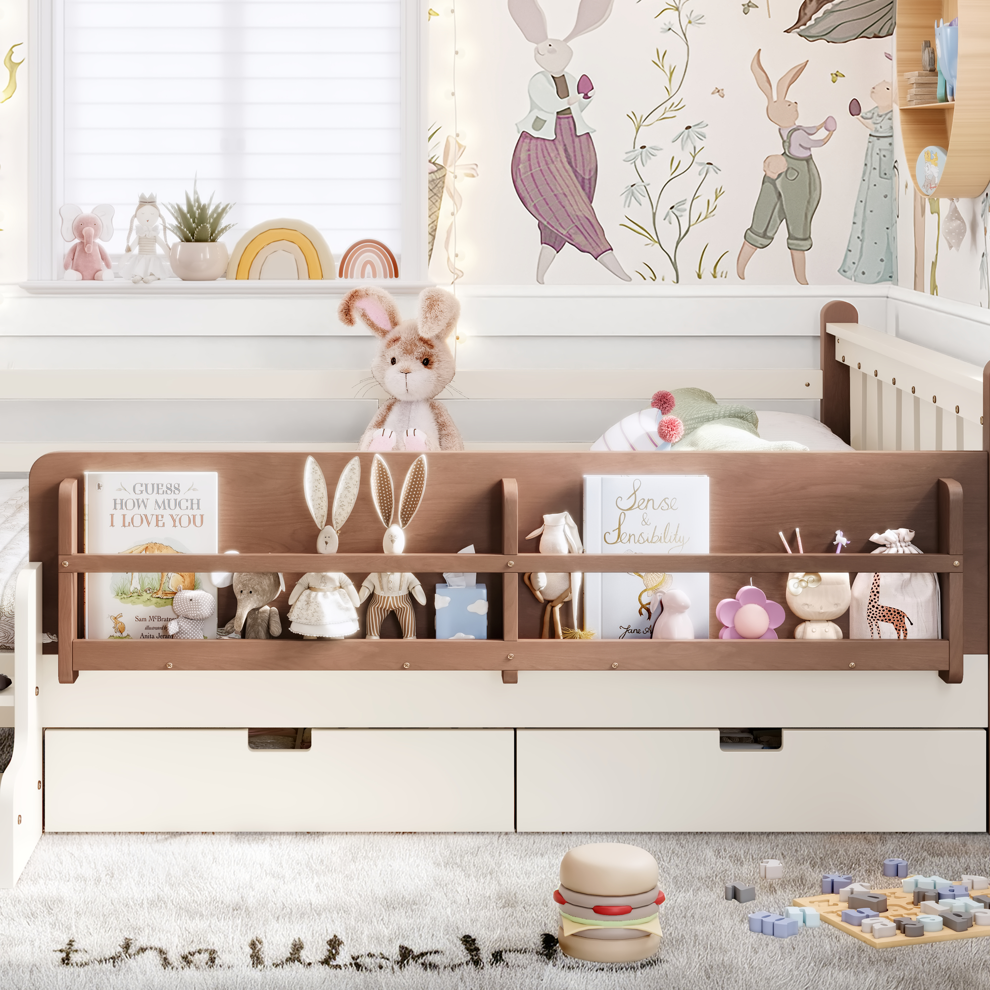 Queen Size Floor Bed with Storage Bookcases and Drawers, Solid Wood Kids Floor Bed with Cute Stairs and Guardrails, No Box Spring Needed, Beige - Image 5