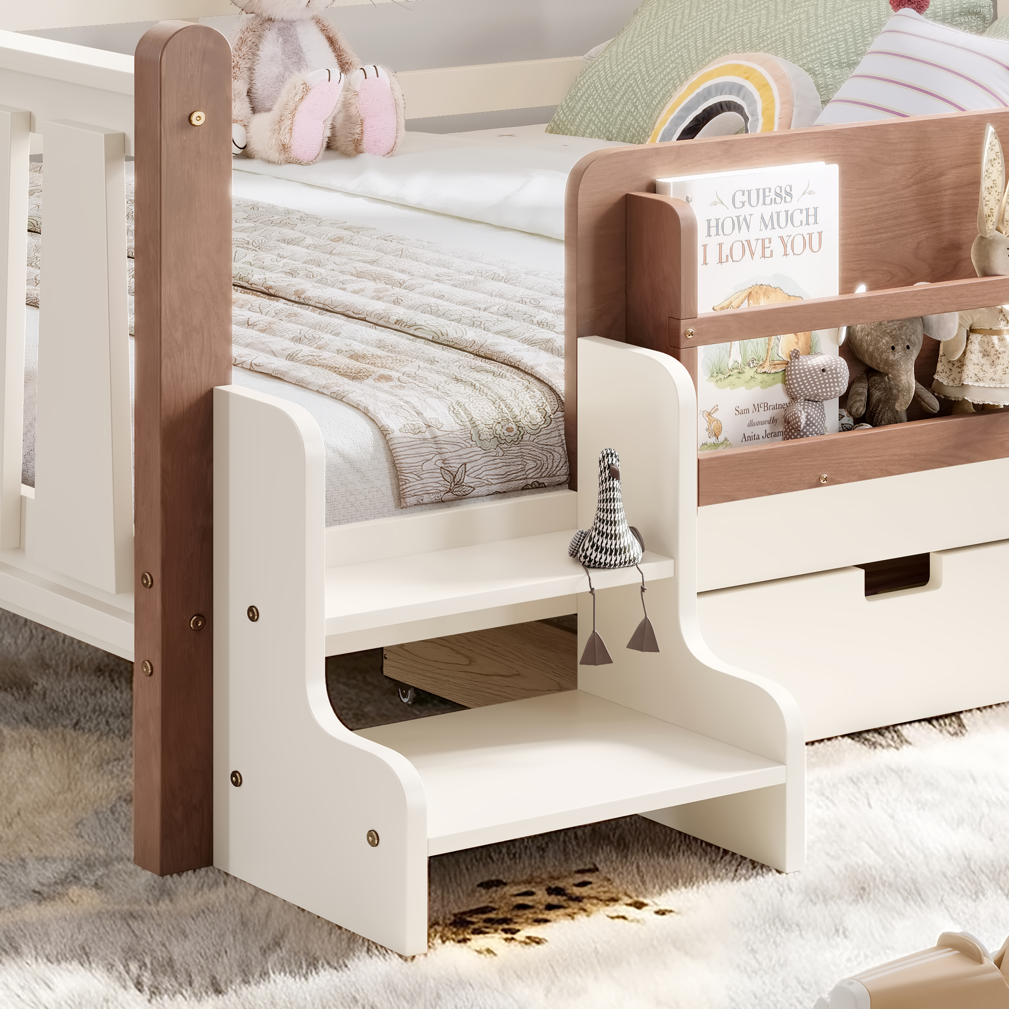Queen Size Floor Bed with Storage Bookcases and Drawers, Solid Wood Kids Floor Bed with Cute Stairs and Guardrails, No Box Spring Needed, Beige - Image 6