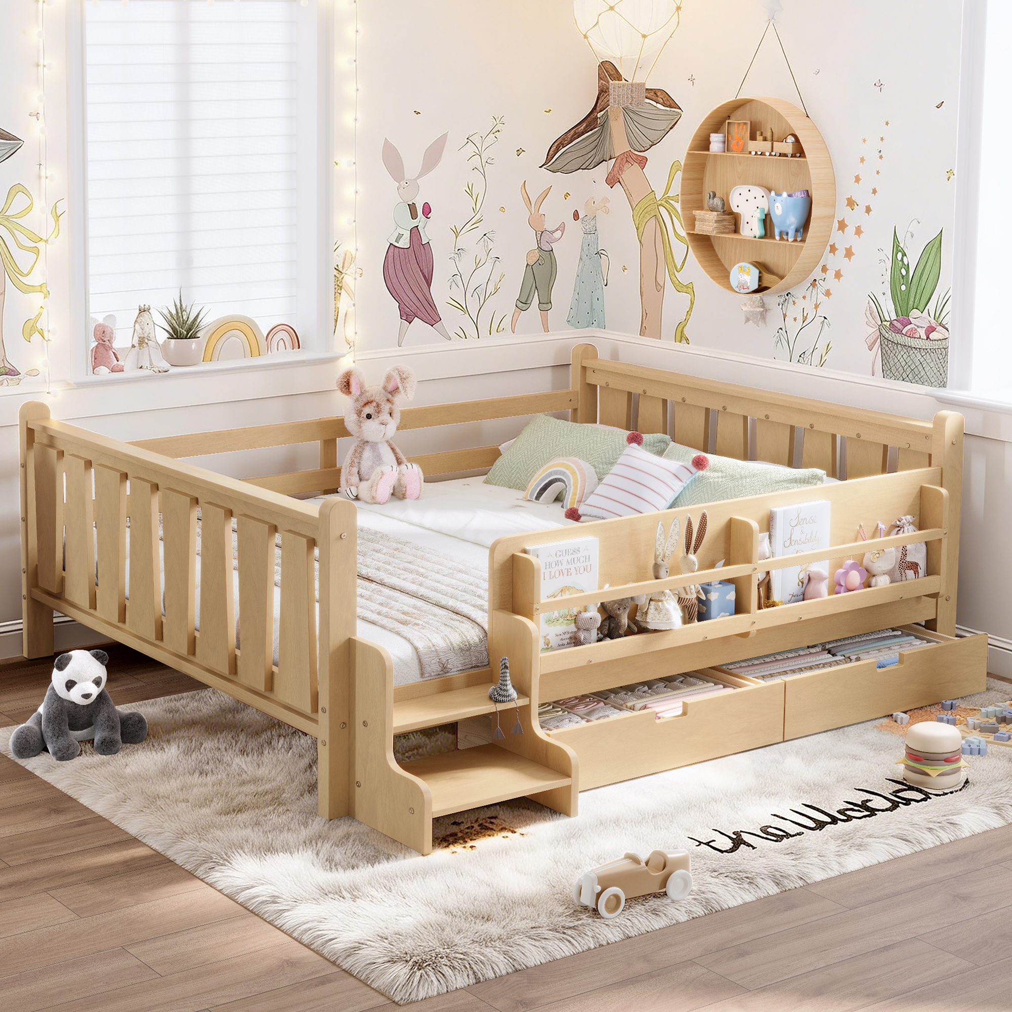 Queen Size Floor Bed with Storage Bookcases and Drawers, Solid Wood Kids Floor Bed with Cute Stairs and Guardrails, No Box Spring Needed, Light Natural - Image 1