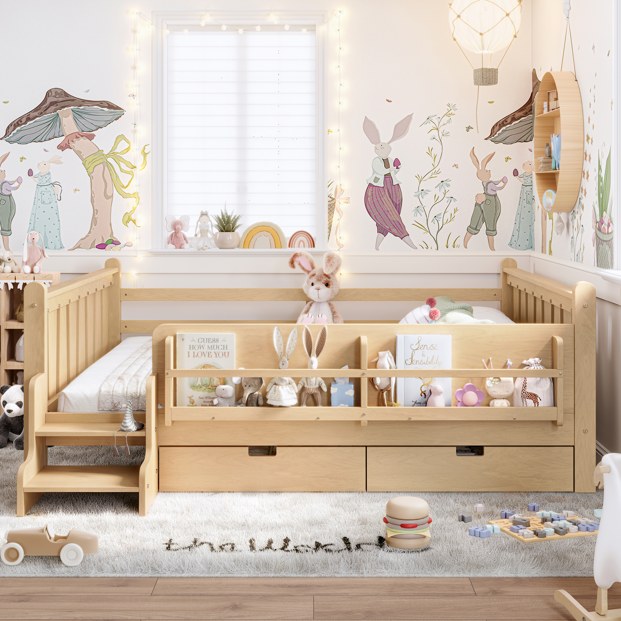 Queen Size Floor Bed with Storage Bookcases and Drawers, Solid Wood Kids Floor Bed with Cute Stairs and Guardrails, No Box Spring Needed, Light Natural - Image 2