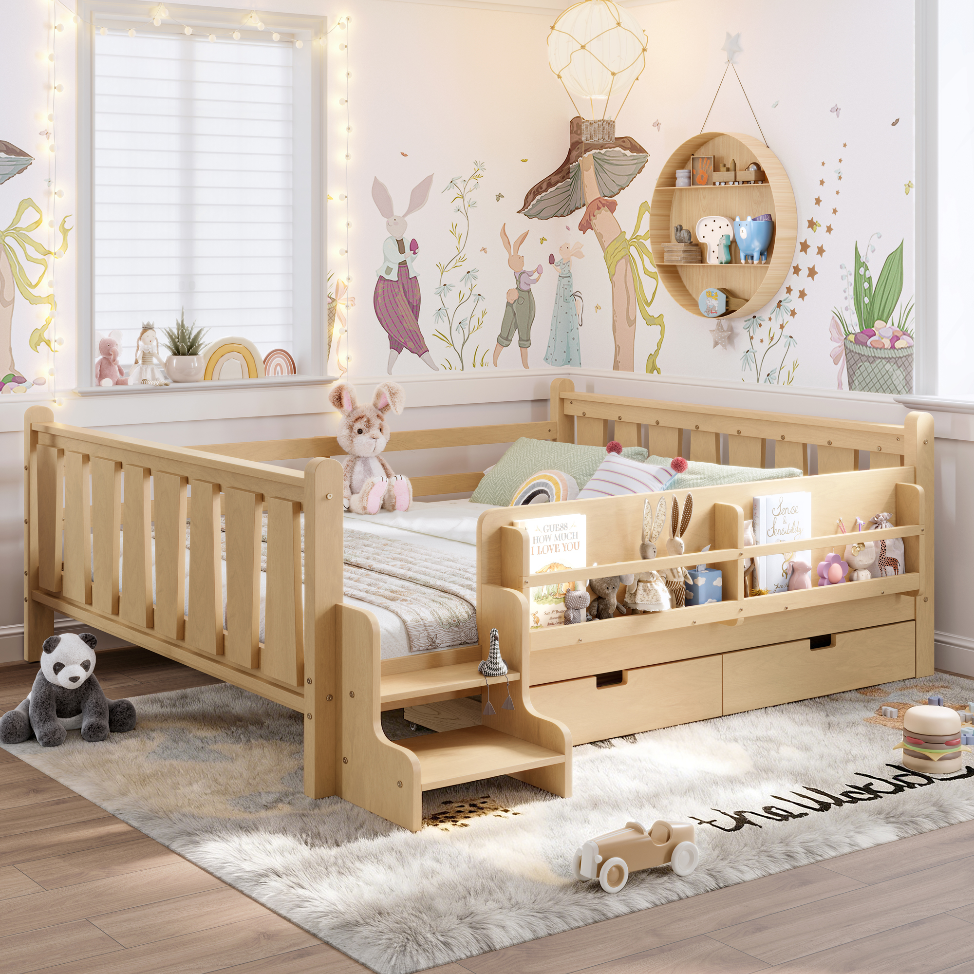 Queen Size Floor Bed with Storage Bookcases and Drawers, Solid Wood Kids Floor Bed with Cute Stairs and Guardrails, No Box Spring Needed, Light Natural - Image 3
