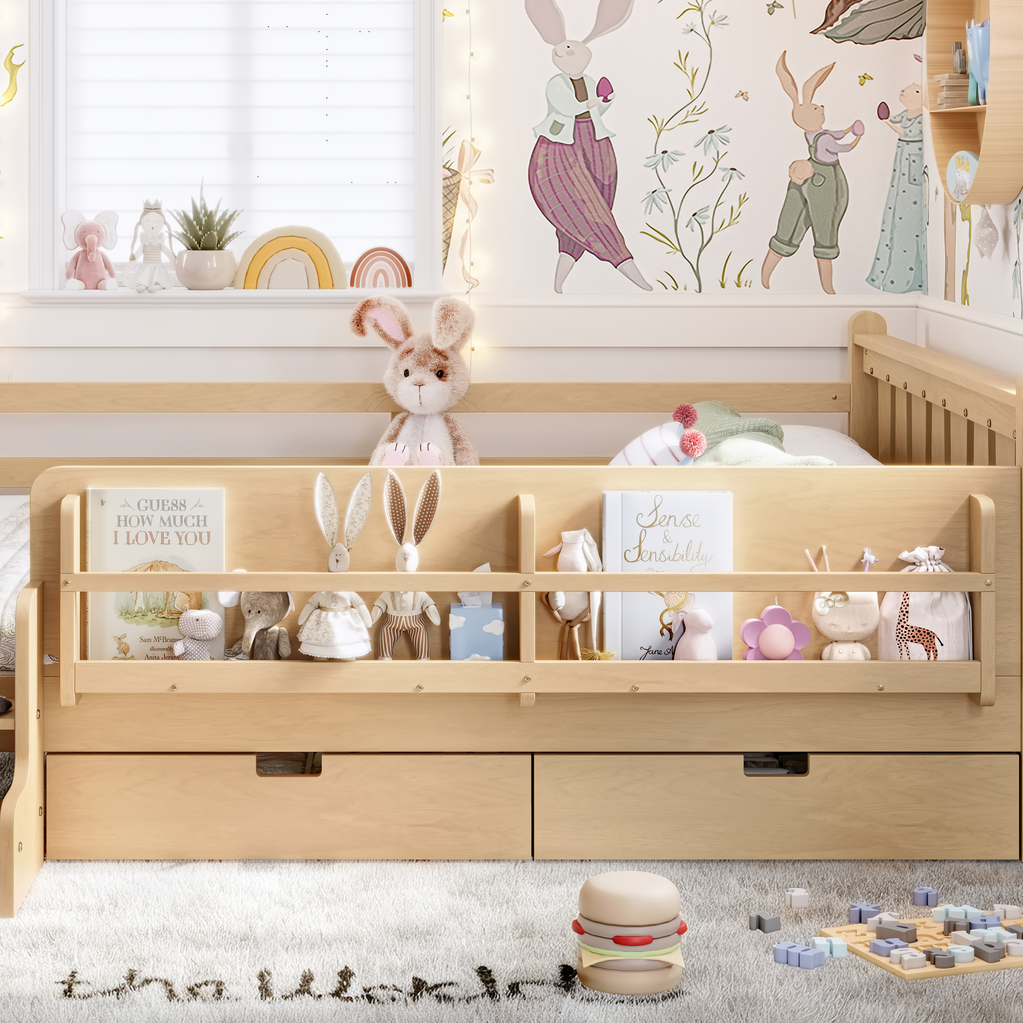 Queen Size Floor Bed with Storage Bookcases and Drawers, Solid Wood Kids Floor Bed with Cute Stairs and Guardrails, No Box Spring Needed, Light Natural - Image 4