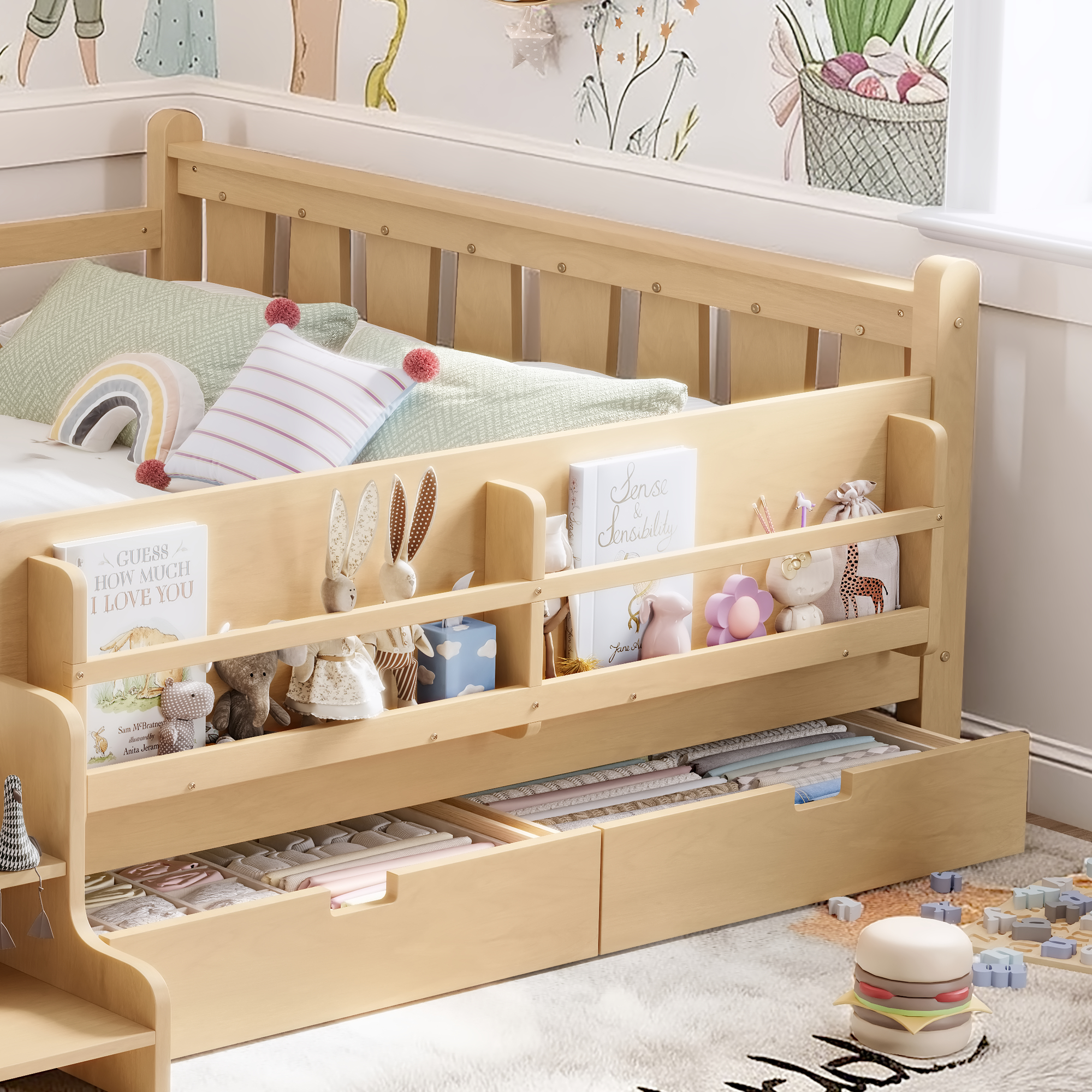 Queen Size Floor Bed with Storage Bookcases and Drawers, Solid Wood Kids Floor Bed with Cute Stairs and Guardrails, No Box Spring Needed, Light Natural - Image 5