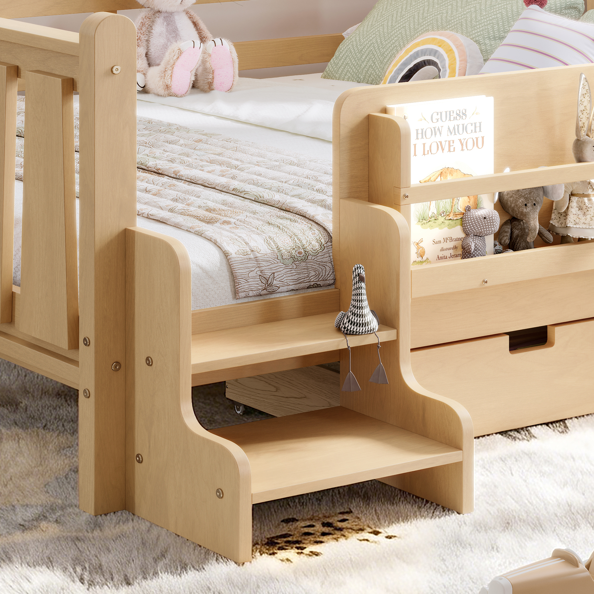 Queen Size Floor Bed with Storage Bookcases and Drawers, Solid Wood Kids Floor Bed with Cute Stairs and Guardrails, No Box Spring Needed, Light Natural - Image 6