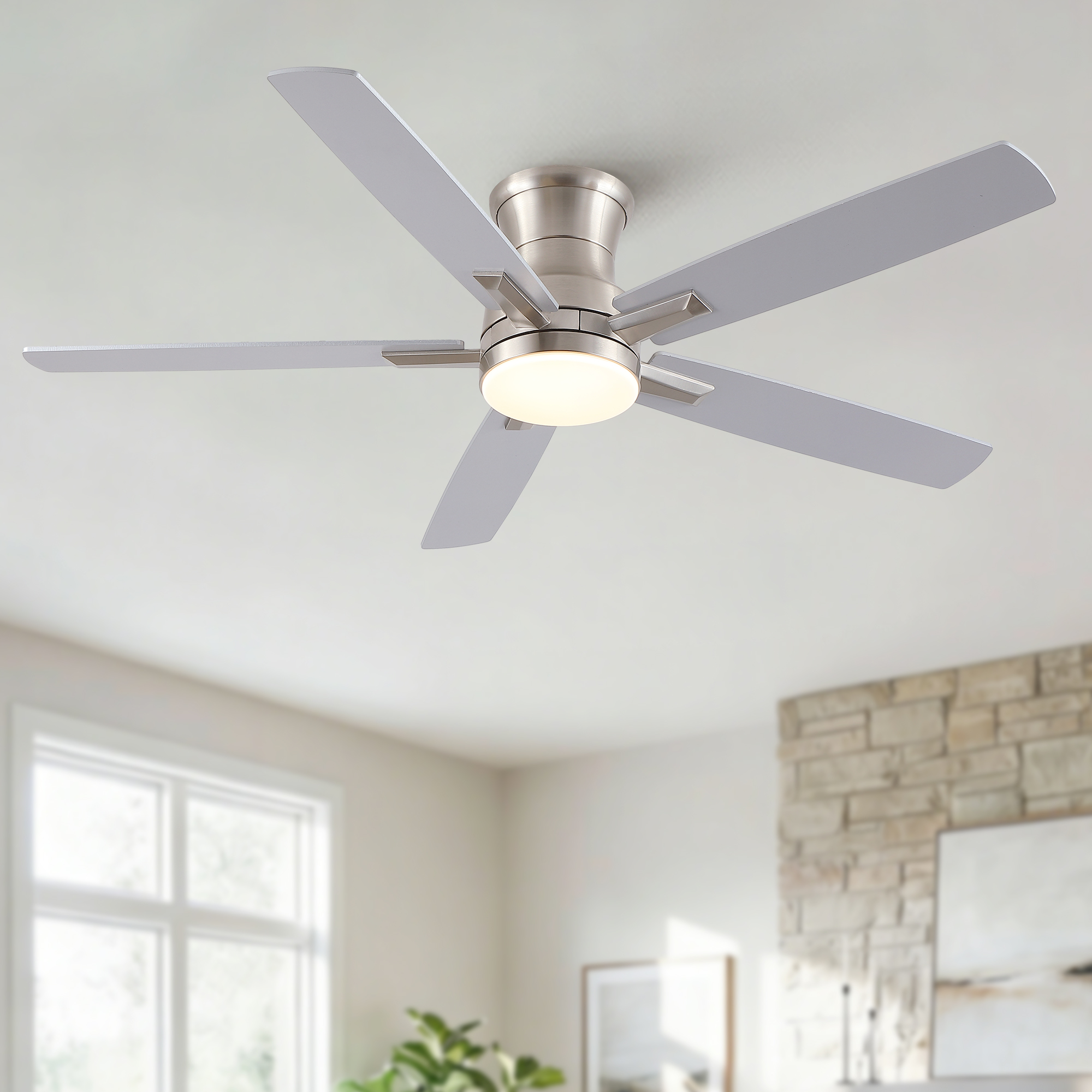 52" Mordern Brushed Nickel Flush Mount Ceiling Fan with Light and Remote Control Reversible Quiet Motor - Image 2