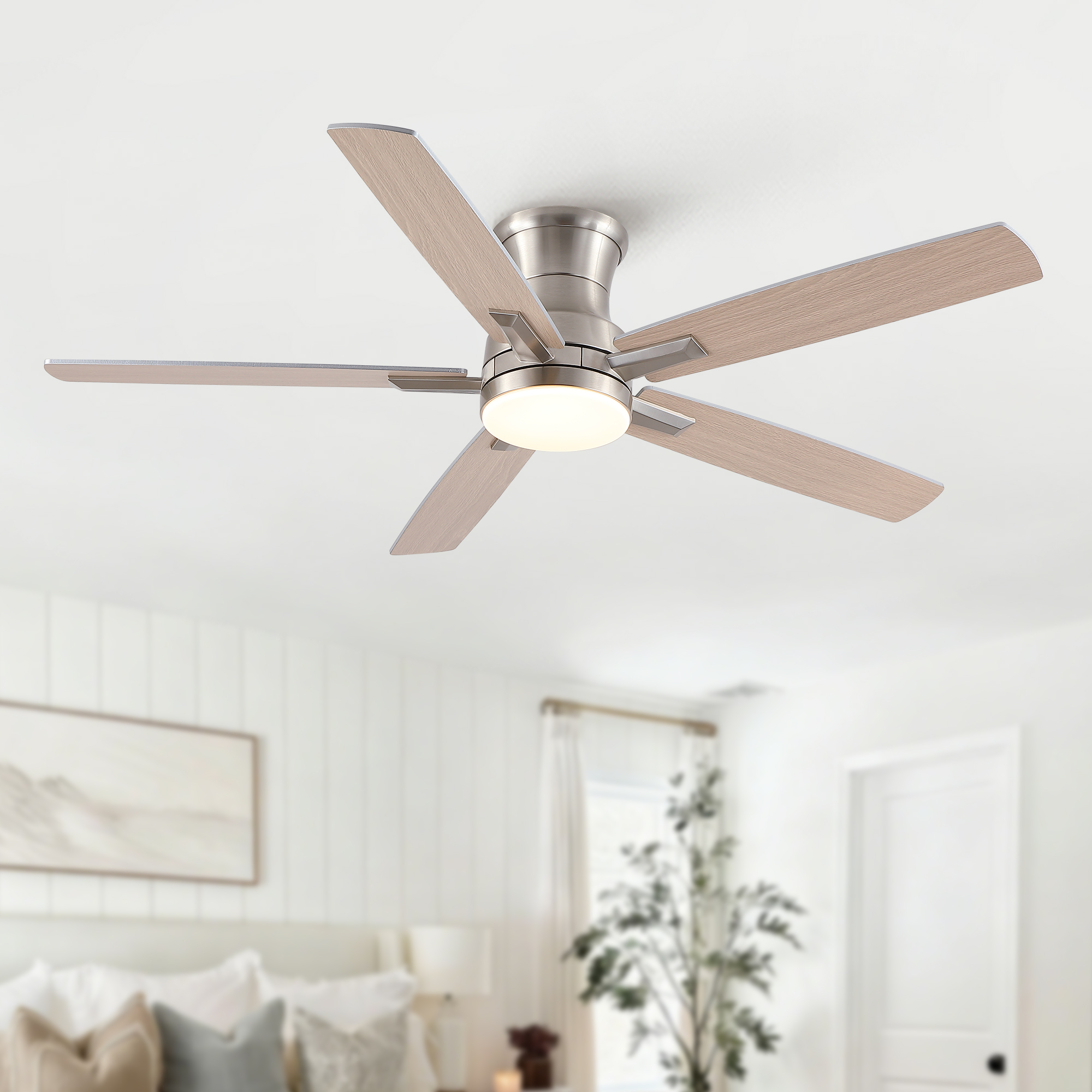 52" Mordern Brushed Nickel Flush Mount Ceiling Fan with Light and Remote Control Reversible Quiet Motor - Image 3