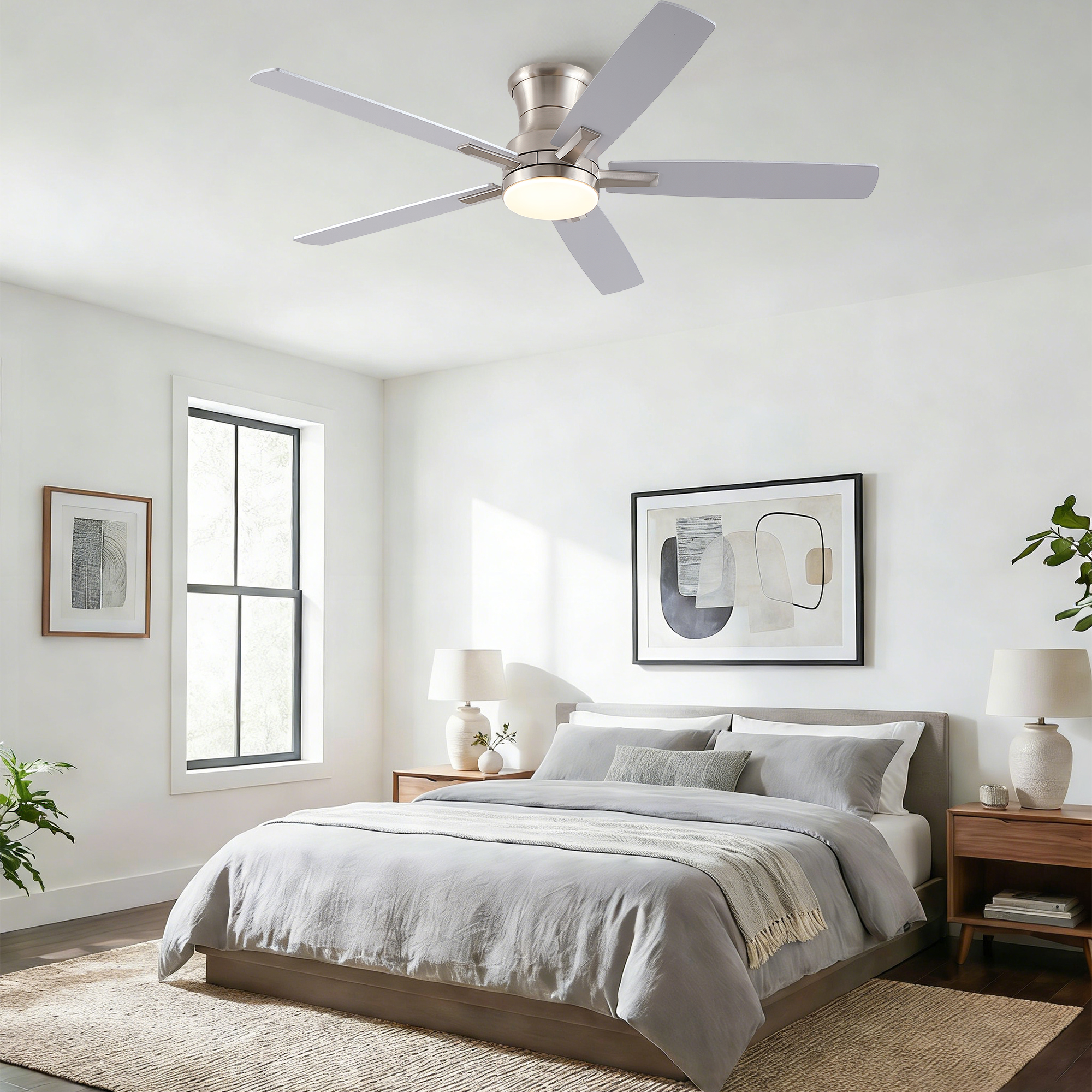 52" Mordern Brushed Nickel Flush Mount Ceiling Fan with Light and Remote Control Reversible Quiet Motor - Image 4