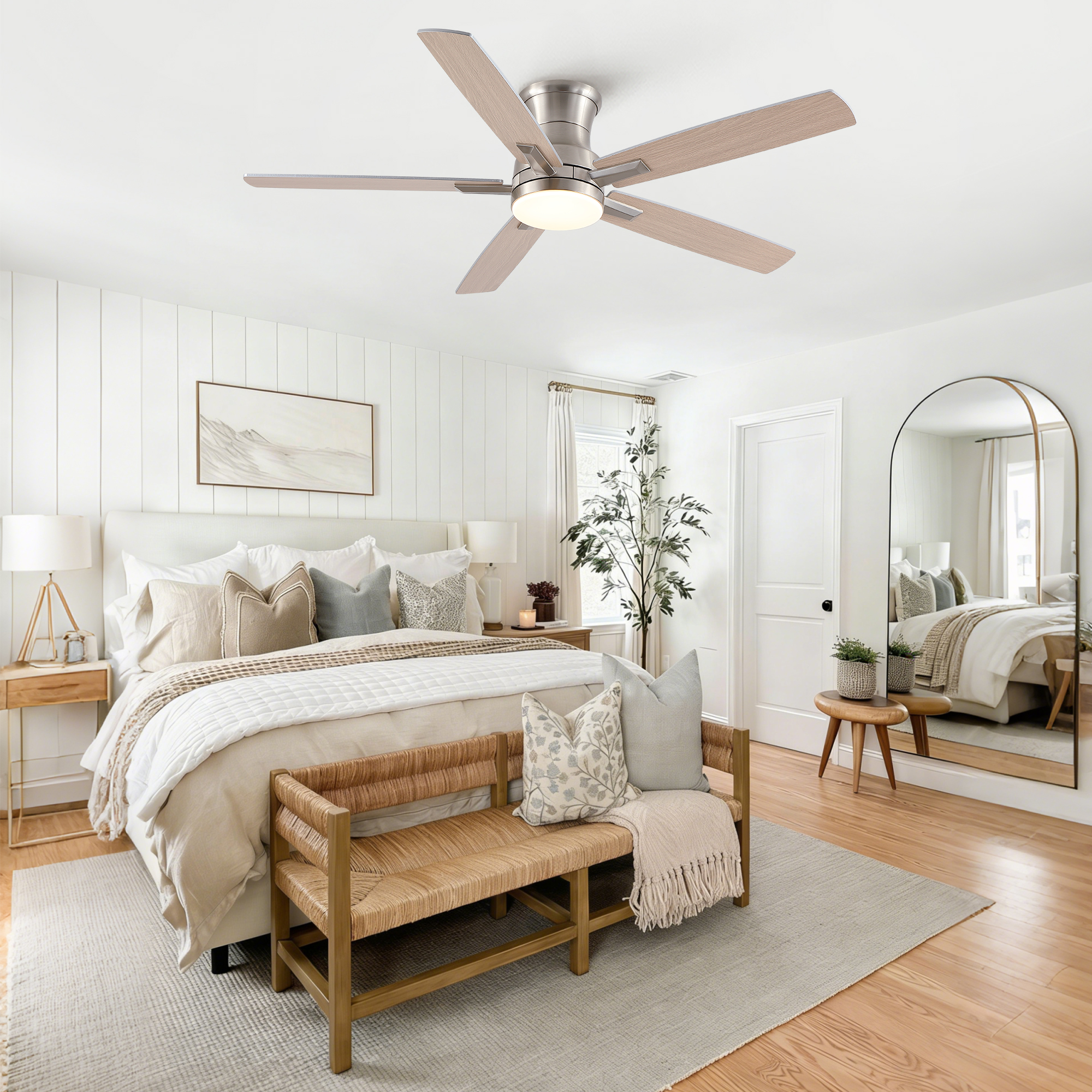 52" Mordern Brushed Nickel Flush Mount Ceiling Fan with Light and Remote Control Reversible Quiet Motor - Image 6