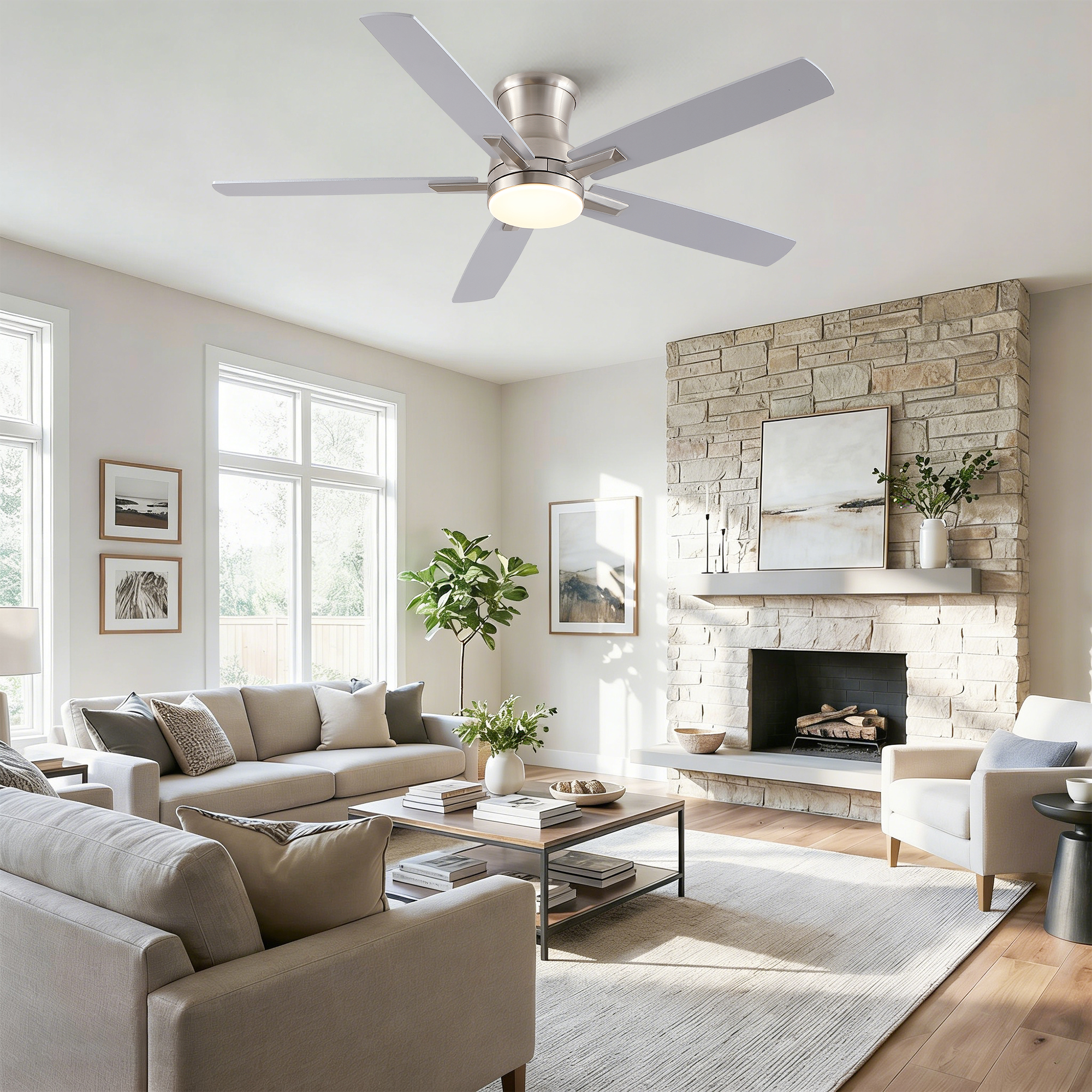 52" Mordern Brushed Nickel Flush Mount Ceiling Fan with Light and Remote Control Reversible Quiet Motor - Image 5