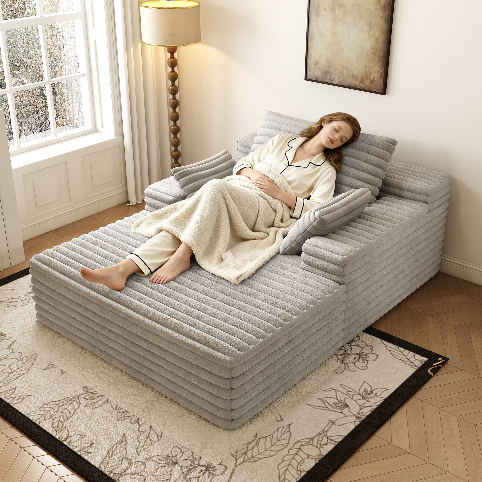 Chaise Lounge Chair Indoor, Oversized Upholstered Sofa Bed, Sleeper Couch Reading Chairs Fluffy Plush Faux Fur Cloud Sofas Couches for Living Room,Grey - Image 2