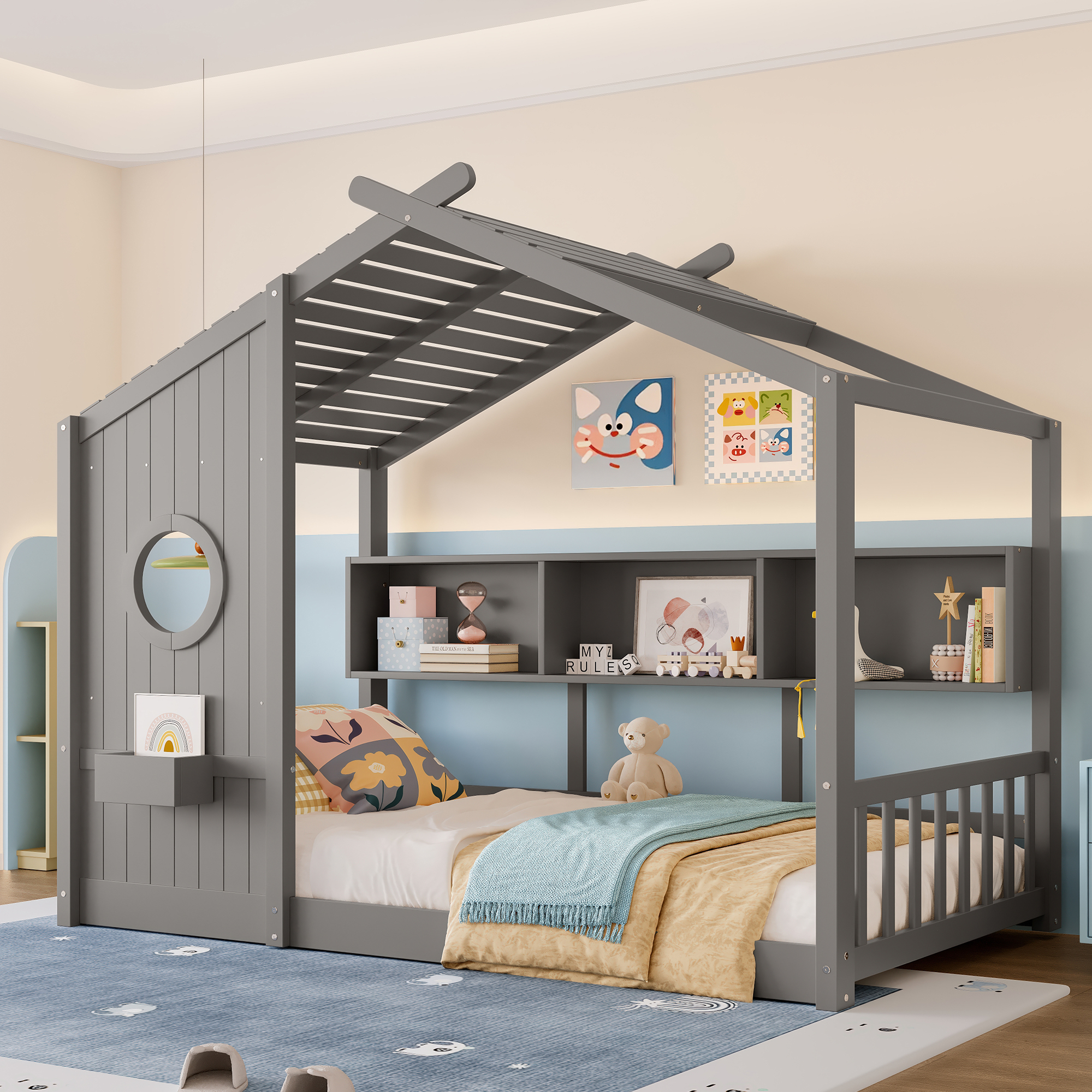 Twin Size Floor House Bed for Toddler, Kids Montessori Bed with Storage Shelf, Playhouse Bed with Roof Design, Gray - Image 2