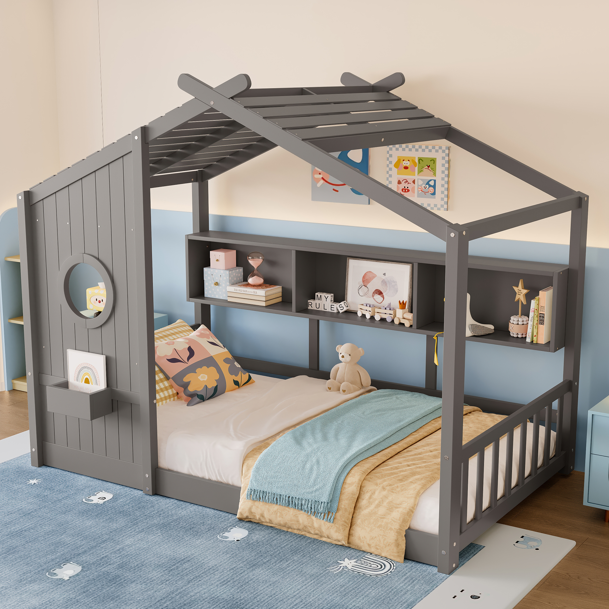 Twin Size Floor House Bed for Toddler, Kids Montessori Bed with Storage Shelf, Playhouse Bed with Roof Design, Gray - Image 3