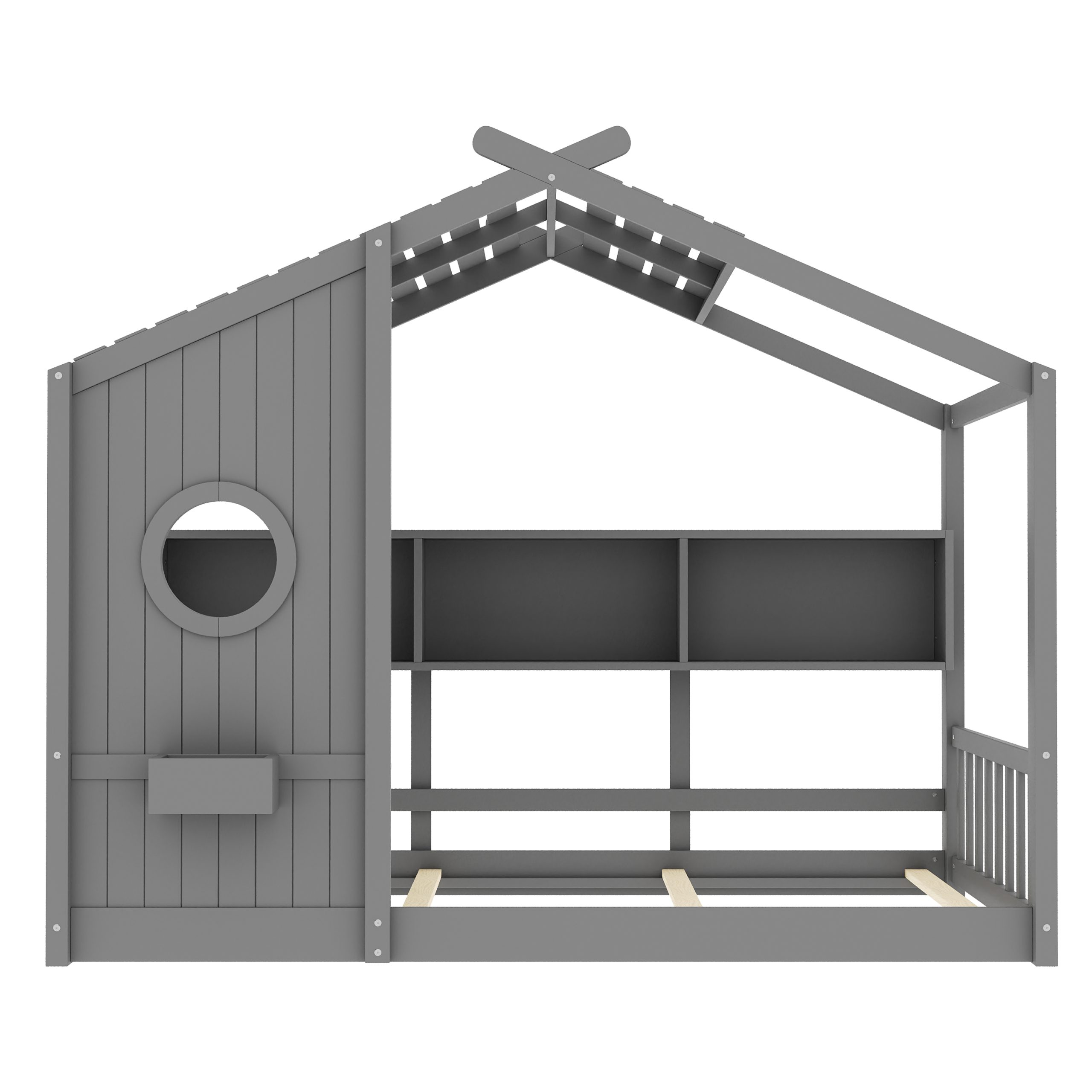 Twin Size Floor House Bed for Toddler, Kids Montessori Bed with Storage Shelf, Playhouse Bed with Roof Design, Gray - Image 4