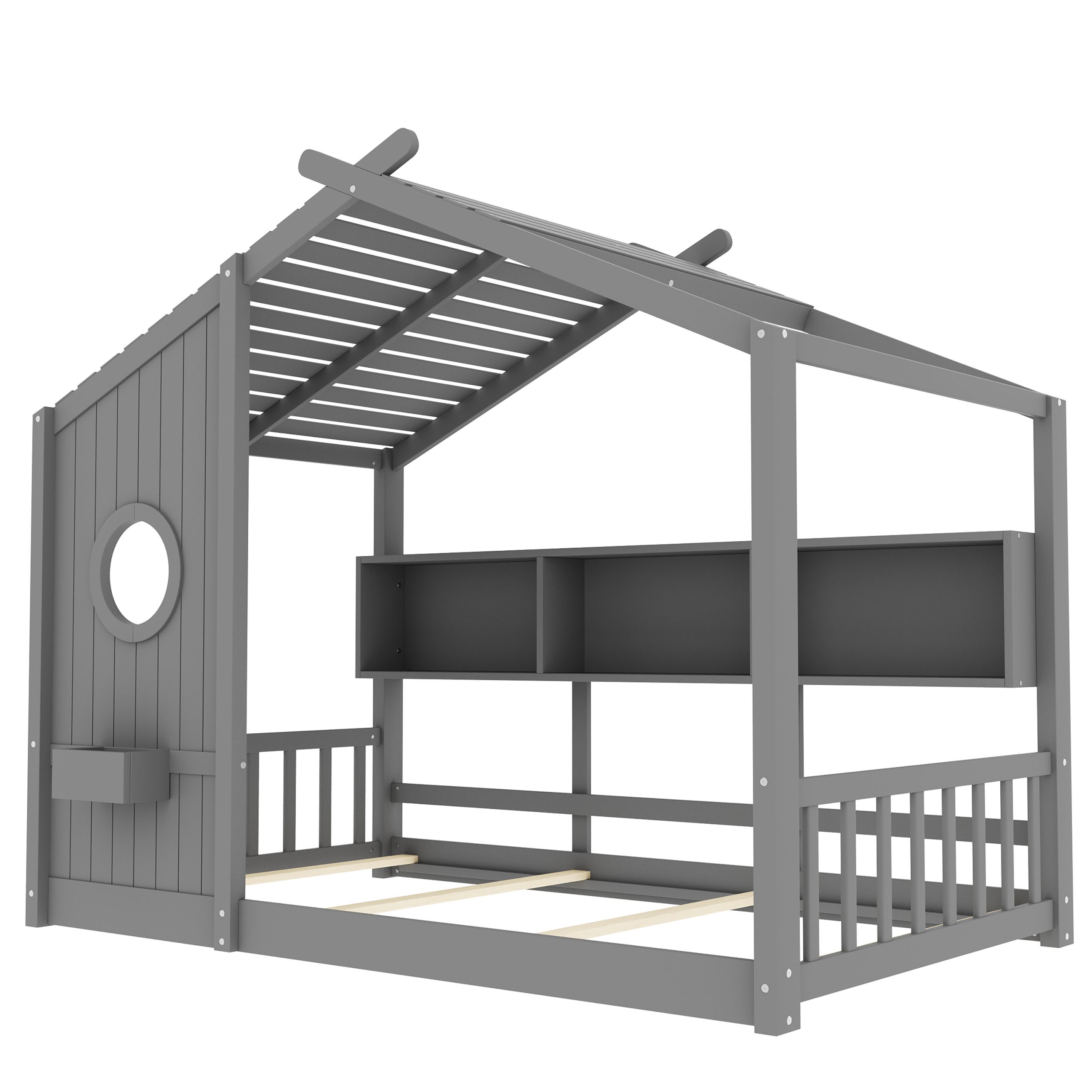 Twin Size Floor House Bed for Toddler, Kids Montessori Bed with Storage Shelf, Playhouse Bed with Roof Design, Gray - Image 5