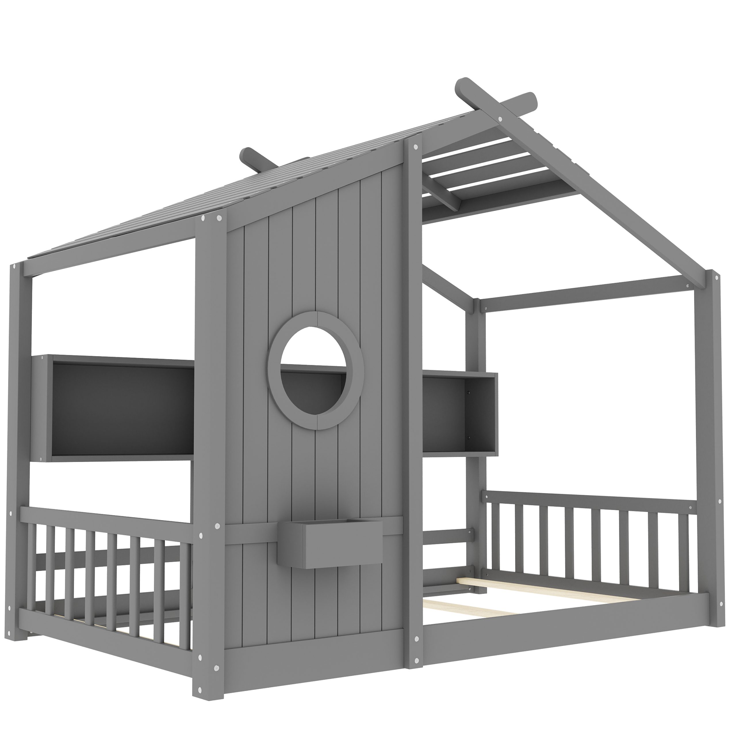 Twin Size Floor House Bed for Toddler, Kids Montessori Bed with Storage Shelf, Playhouse Bed with Roof Design, Gray - Image 6