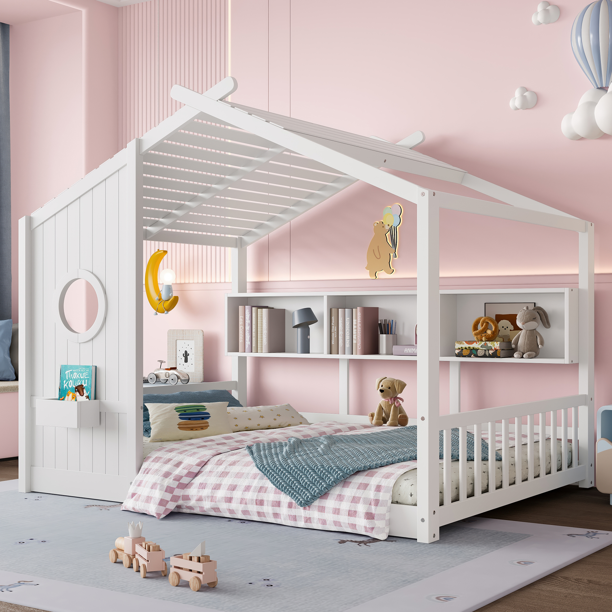 Full Size Floor House Bed for Toddler, Kids Montessori Bed with Storage Shelf, Playhouse Bed with Roof Design, White - Image 2