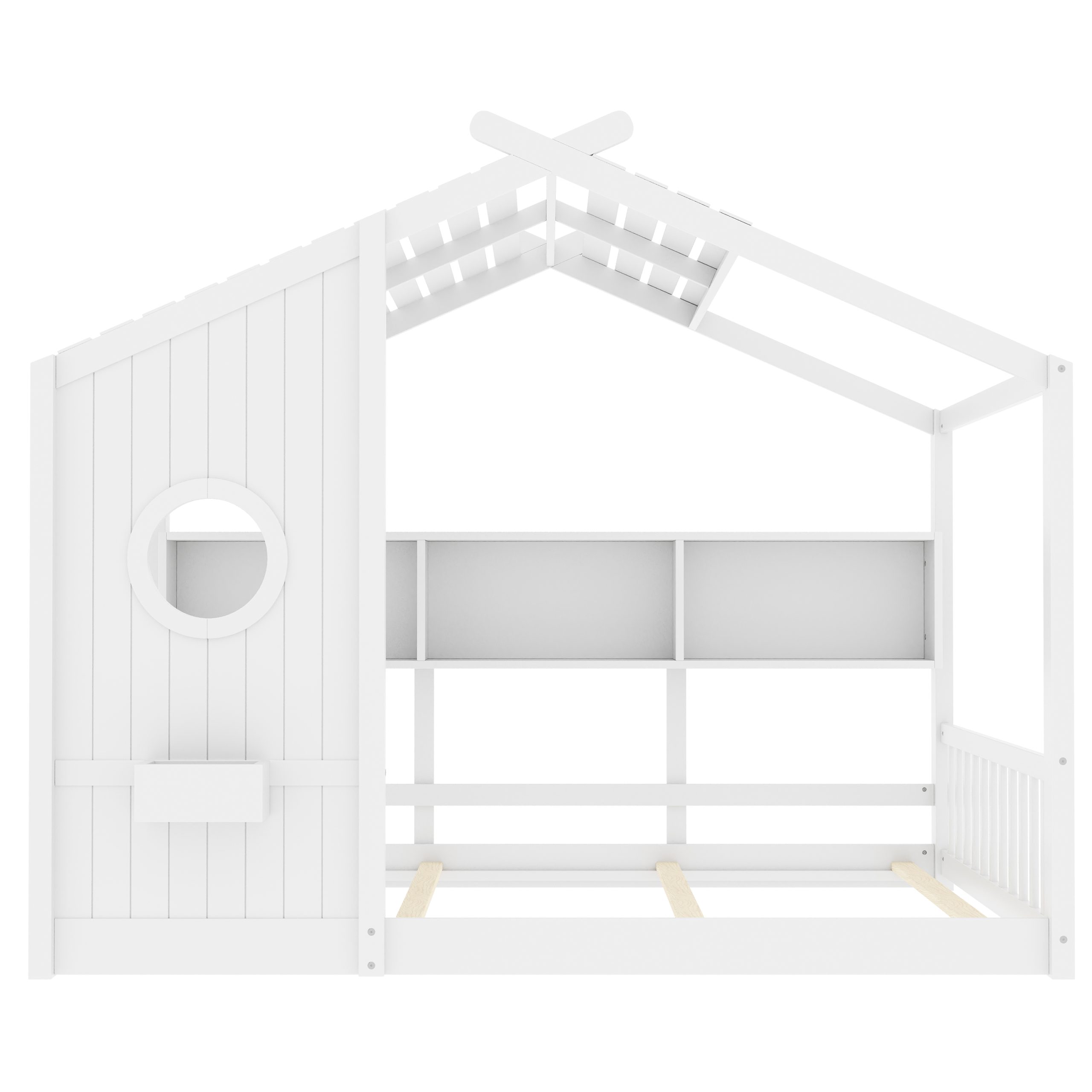 Full Size Floor House Bed for Toddler, Kids Montessori Bed with Storage Shelf, Playhouse Bed with Roof Design, White - Image 4