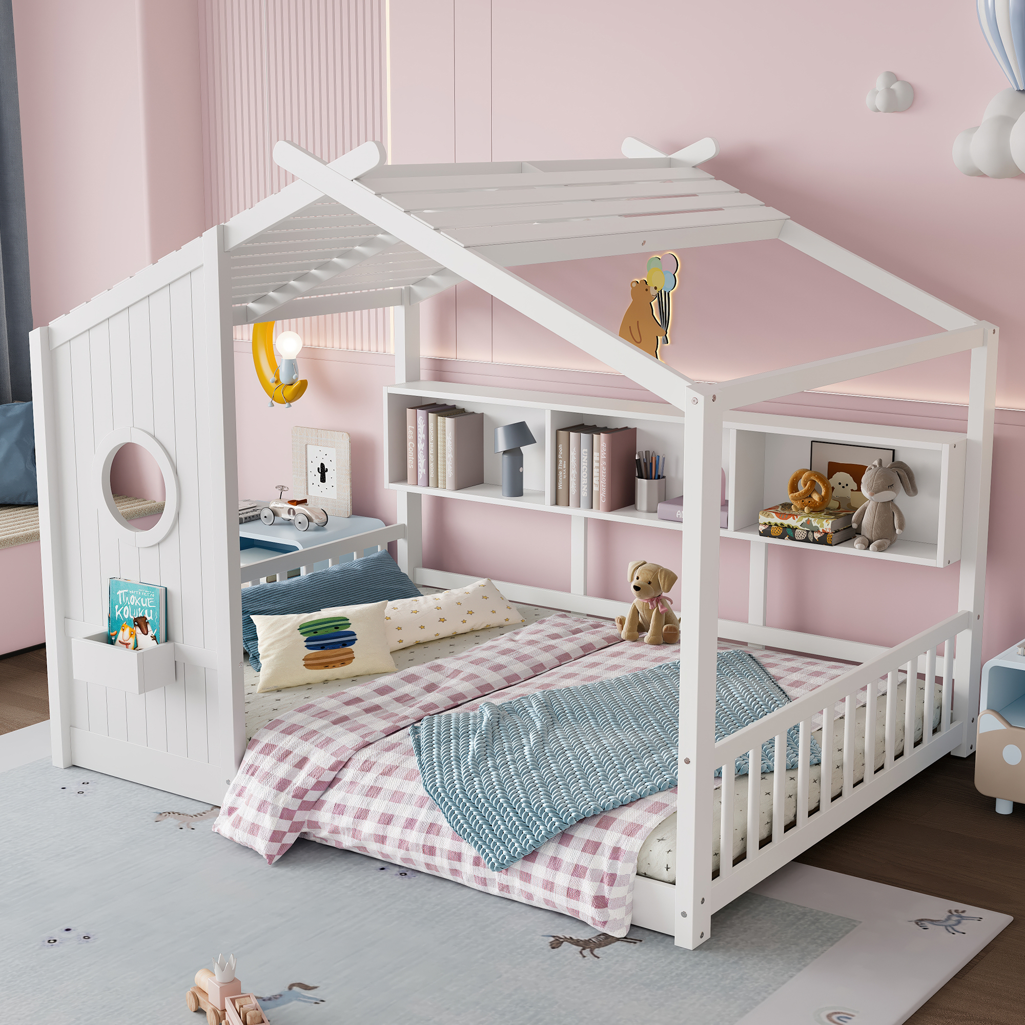 Full Size Floor House Bed for Toddler, Kids Montessori Bed with Storage Shelf, Playhouse Bed with Roof Design, White - Image 3