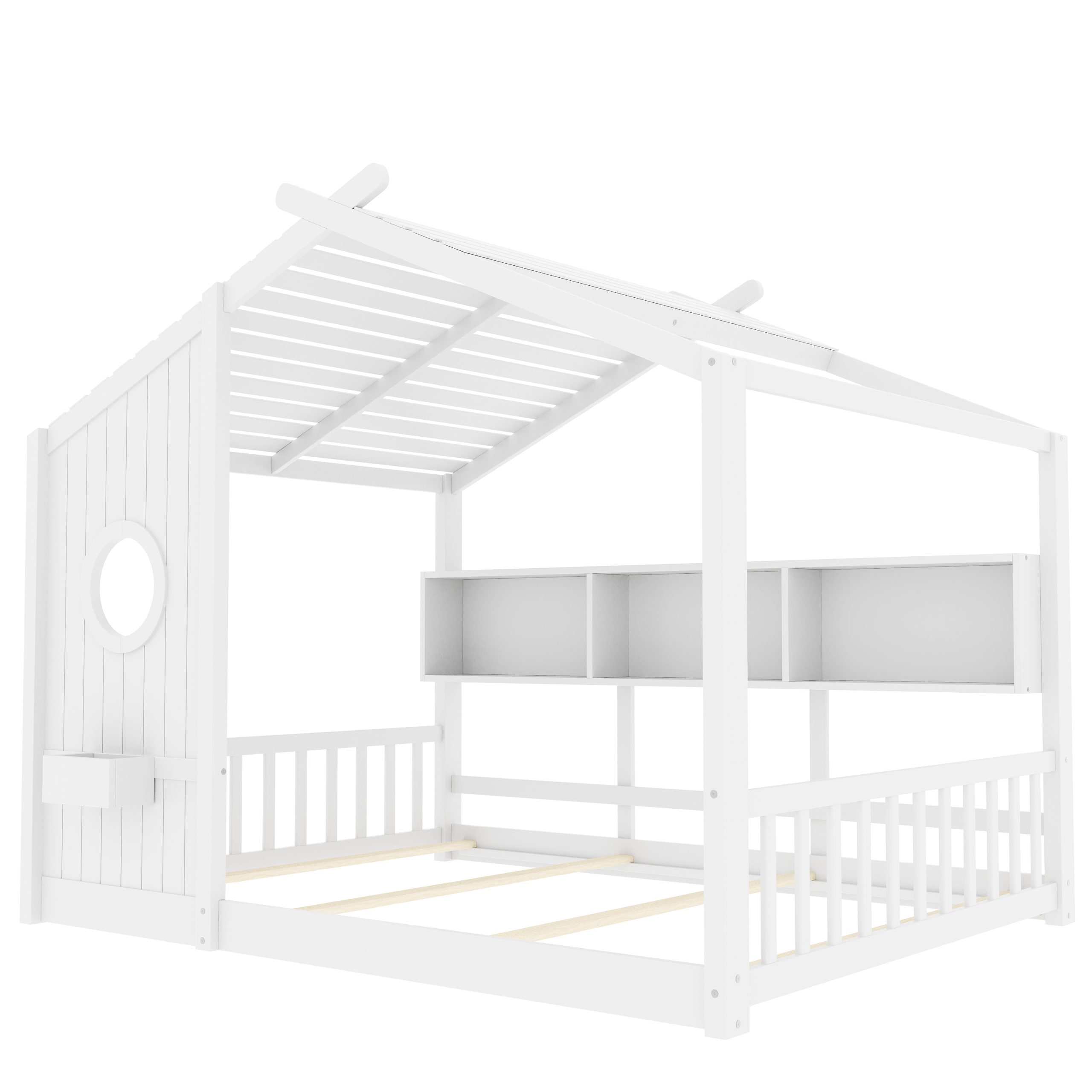Full Size Floor House Bed for Toddler, Kids Montessori Bed with Storage Shelf, Playhouse Bed with Roof Design, White - Image 5
