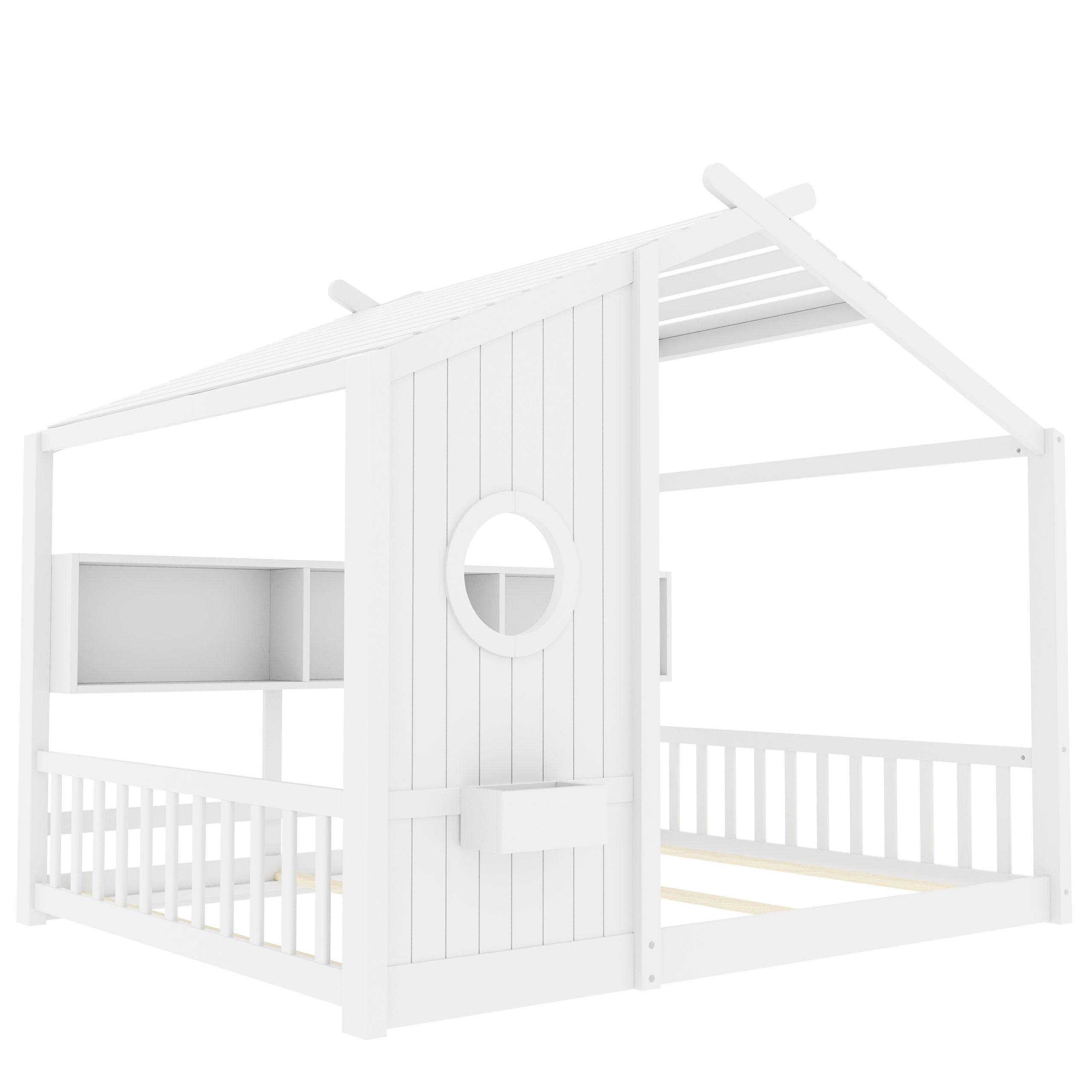 Full Size Floor House Bed for Toddler, Kids Montessori Bed with Storage Shelf, Playhouse Bed with Roof Design, White - Image 6