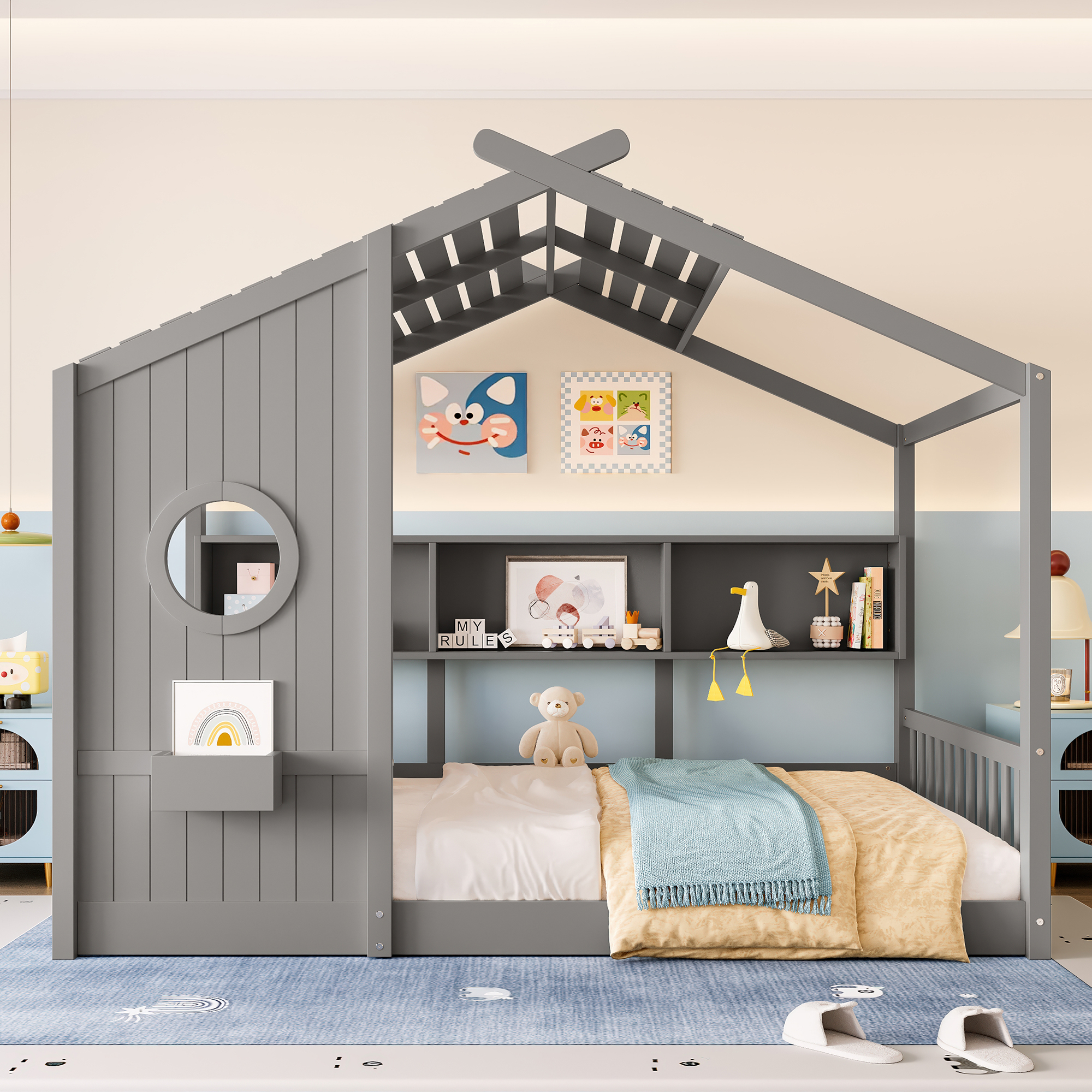 Full Size Floor House Bed for Toddler, Kids Montessori Bed with Storage Shelf, Playhouse Bed with Roof Design, Gray