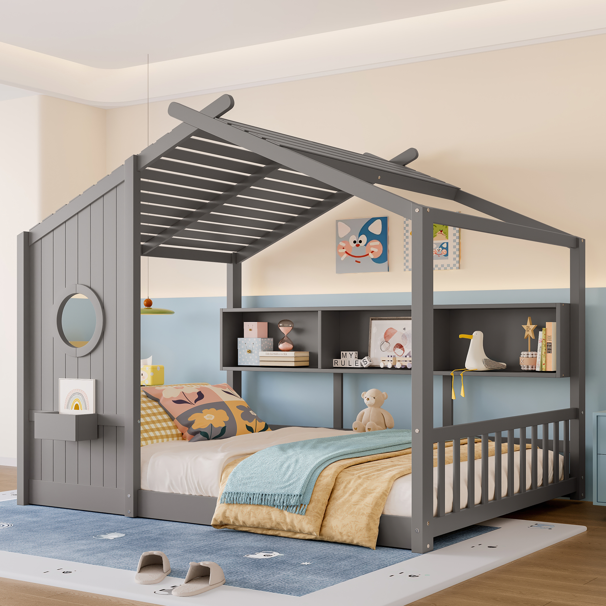 Full Size Floor House Bed for Toddler, Kids Montessori Bed with Storage Shelf, Playhouse Bed with Roof Design, Gray - Image 2