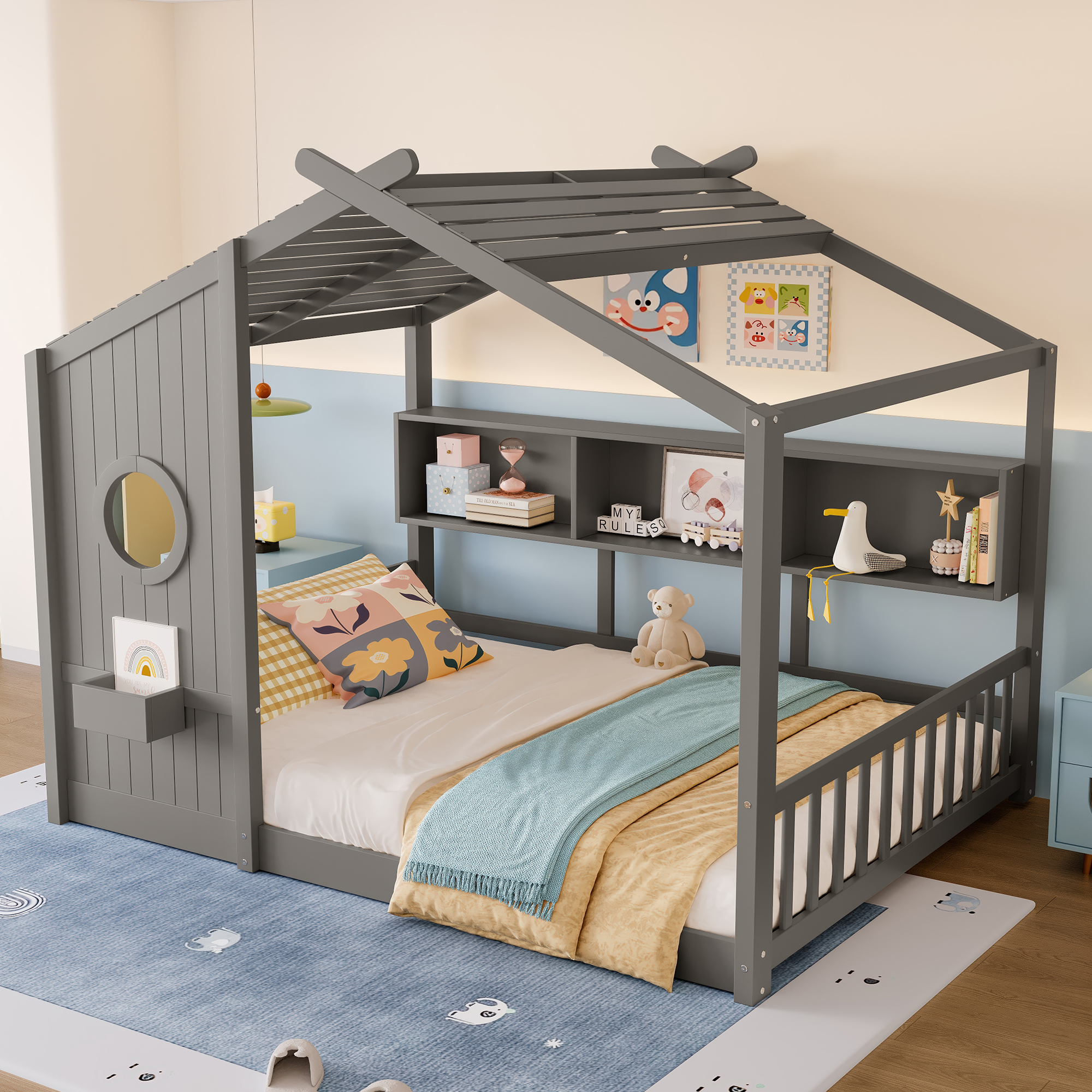 Full Size Floor House Bed for Toddler, Kids Montessori Bed with Storage Shelf, Playhouse Bed with Roof Design, Gray - Image 3