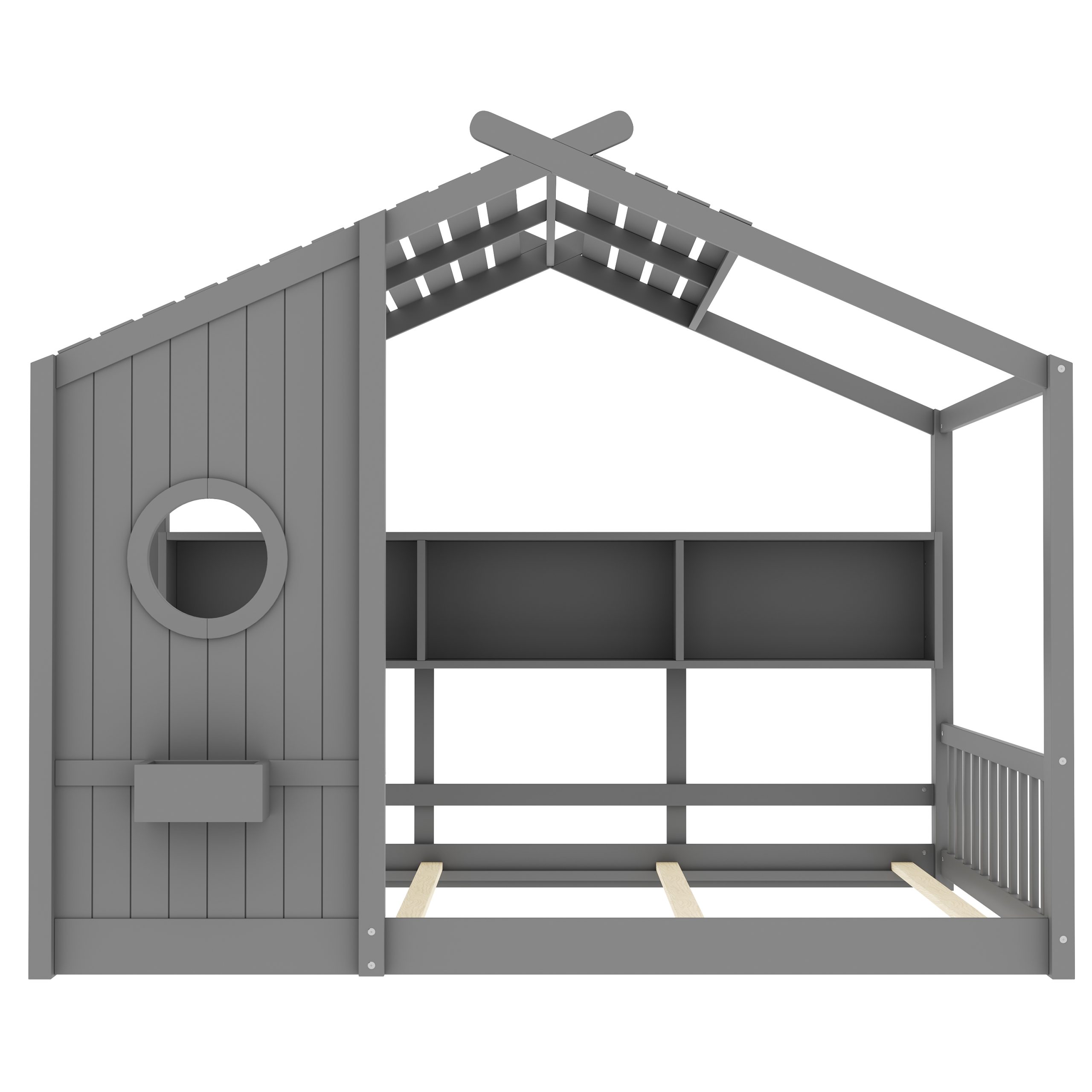 Full Size Floor House Bed for Toddler, Kids Montessori Bed with Storage Shelf, Playhouse Bed with Roof Design, Gray - Image 4
