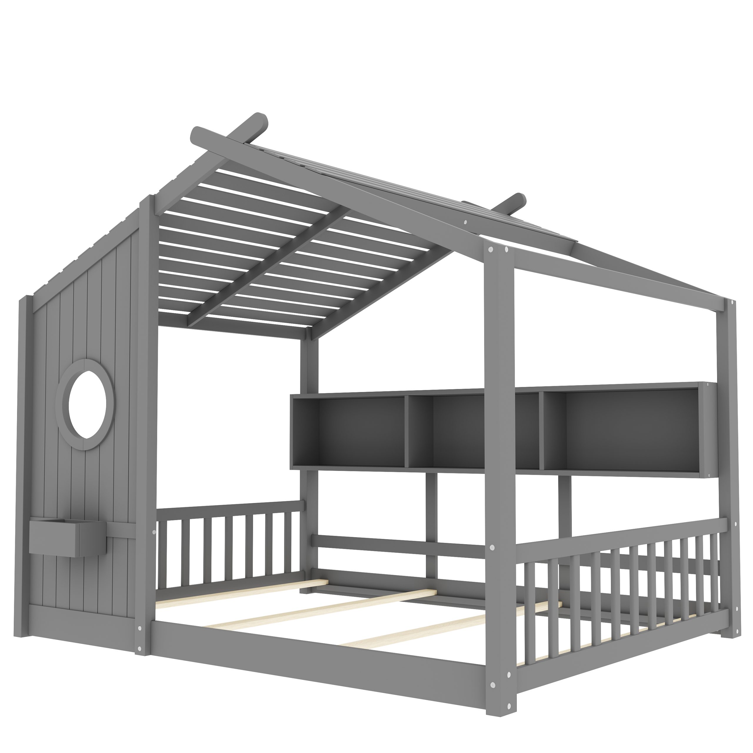 Full Size Floor House Bed for Toddler, Kids Montessori Bed with Storage Shelf, Playhouse Bed with Roof Design, Gray - Image 5