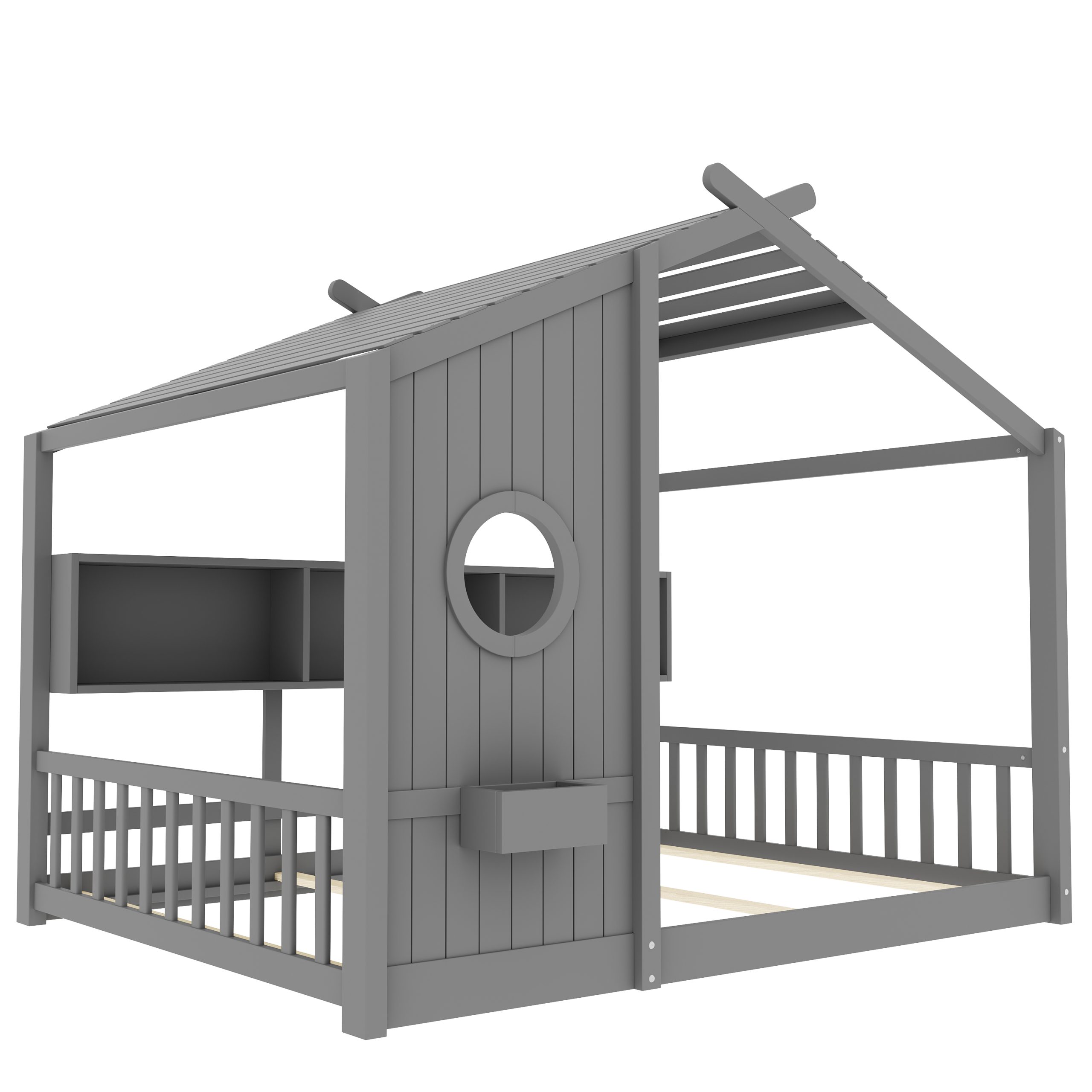 Full Size Floor House Bed for Toddler, Kids Montessori Bed with Storage Shelf, Playhouse Bed with Roof Design, Gray - Image 6