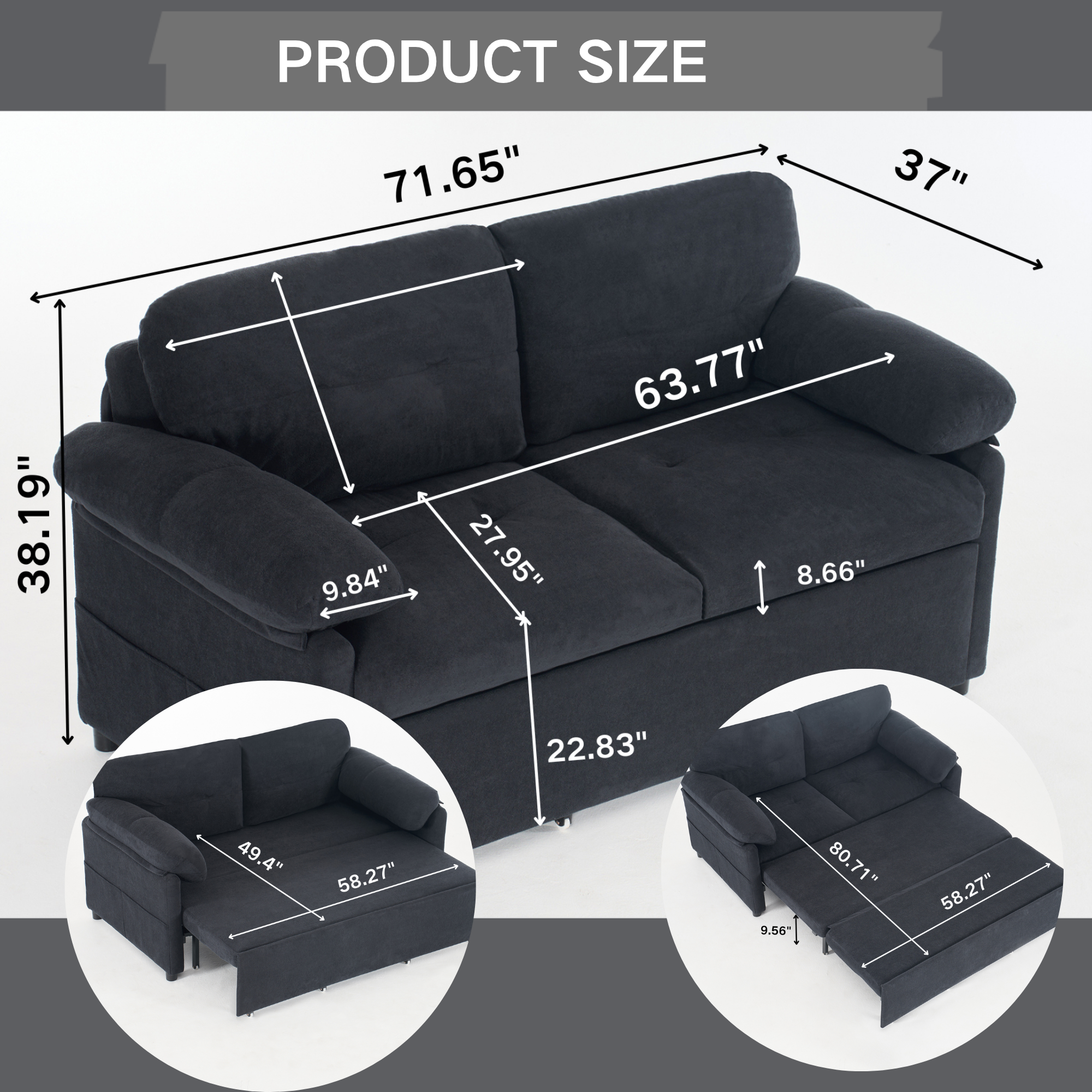 Convertible Pull Out Sofa Bed Queen Size, 3-in-1 Convertible Sleeper Couch with Thicked Cushions and Side Storage,Multi-Functional chenille Loveseat Sofa for Living Room,Bedroom,Apartment,Office,Black - Image 2