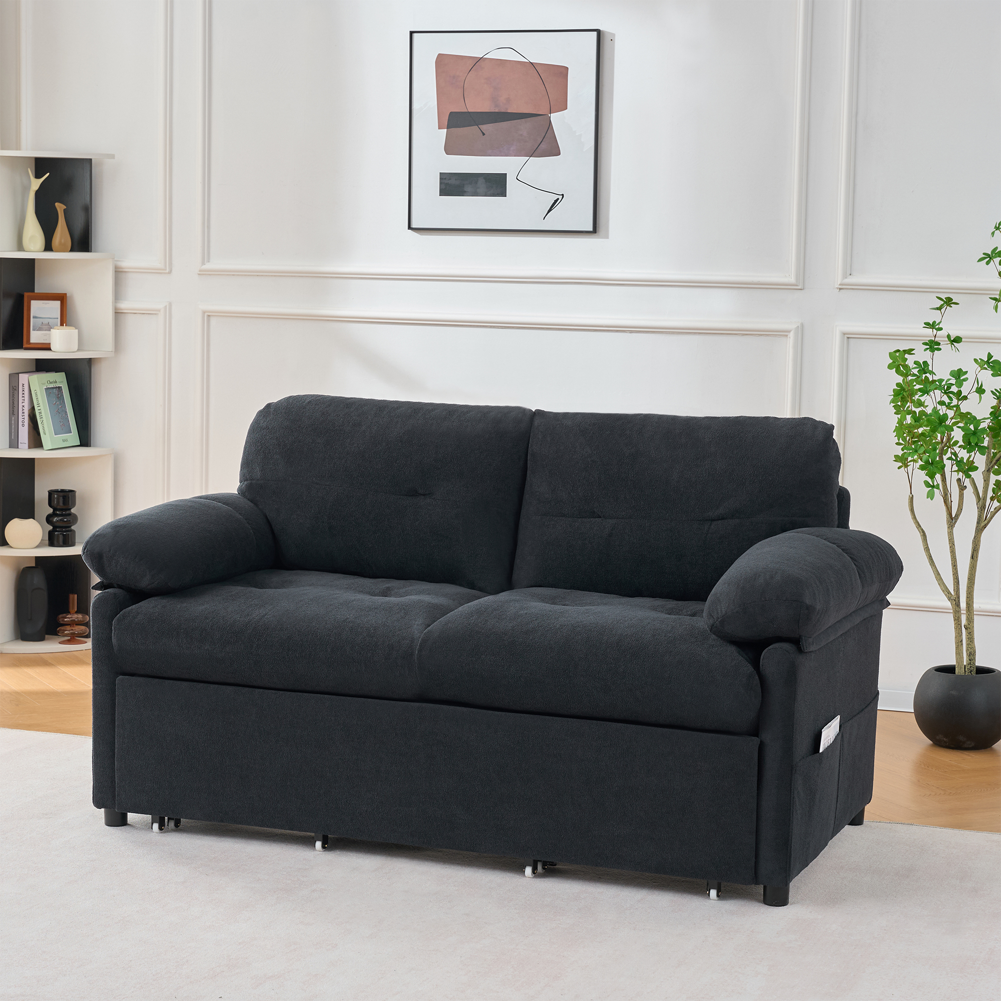 Convertible Pull Out Sofa Bed Queen Size, 3-in-1 Convertible Sleeper Couch with Thicked Cushions and Side Storage,Multi-Functional chenille Loveseat Sofa for Living Room,Bedroom,Apartment,Office,Black - Image 3