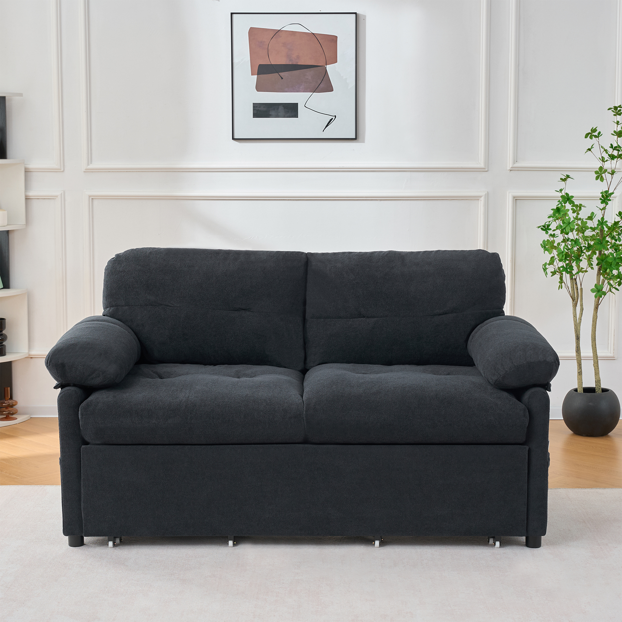 Convertible Pull Out Sofa Bed Queen Size, 3-in-1 Convertible Sleeper Couch with Thicked Cushions and Side Storage,Multi-Functional chenille Loveseat Sofa for Living Room,Bedroom,Apartment,Office,Black - Image 4