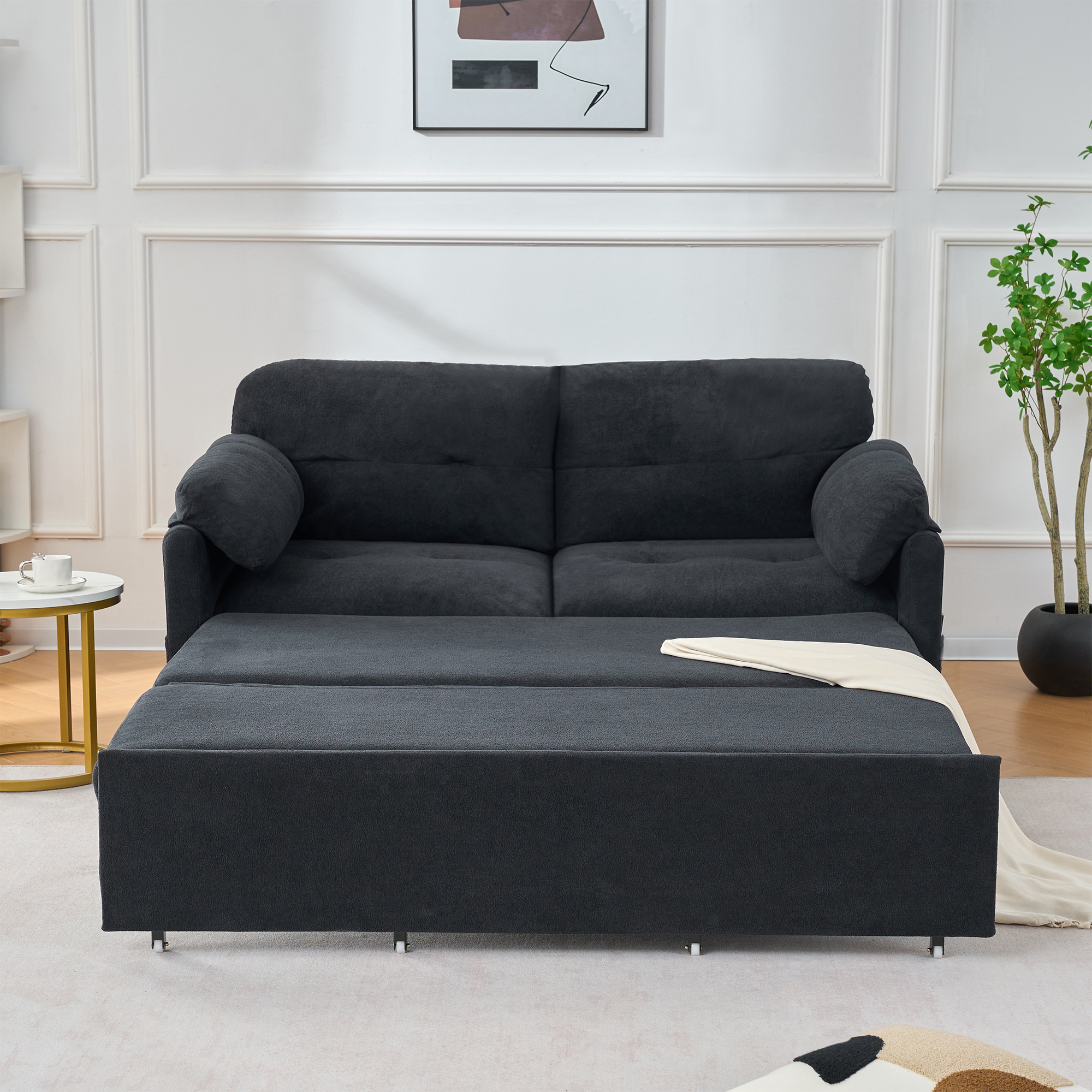 Convertible Pull Out Sofa Bed Queen Size, 3-in-1 Convertible Sleeper Couch with Thicked Cushions and Side Storage,Multi-Functional chenille Loveseat Sofa for Living Room,Bedroom,Apartment,Office,Black - Image 5