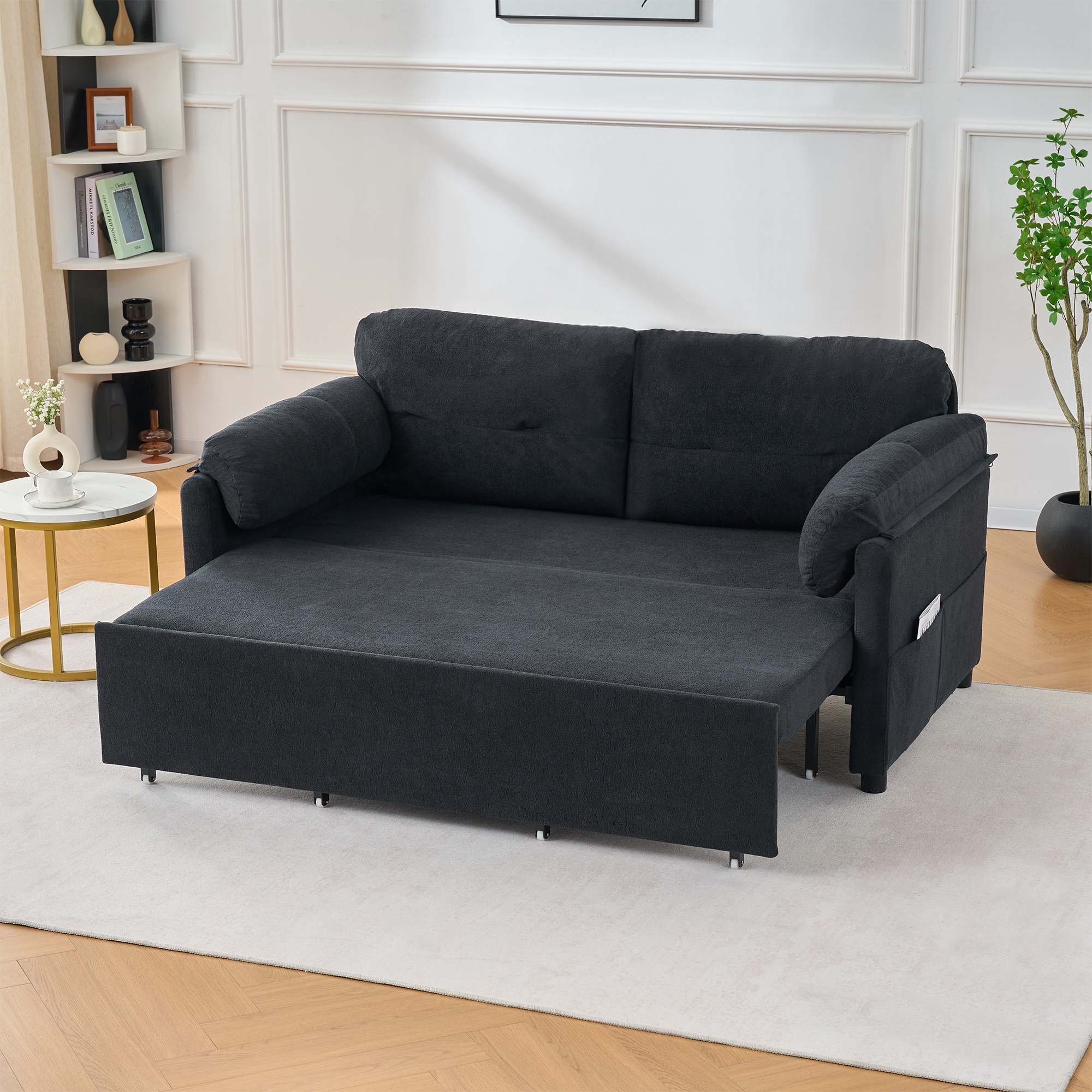 Convertible Pull Out Sofa Bed Queen Size, 3-in-1 Convertible Sleeper Couch with Thicked Cushions and Side Storage,Multi-Functional chenille Loveseat Sofa for Living Room,Bedroom,Apartment,Office,Black - Image 6