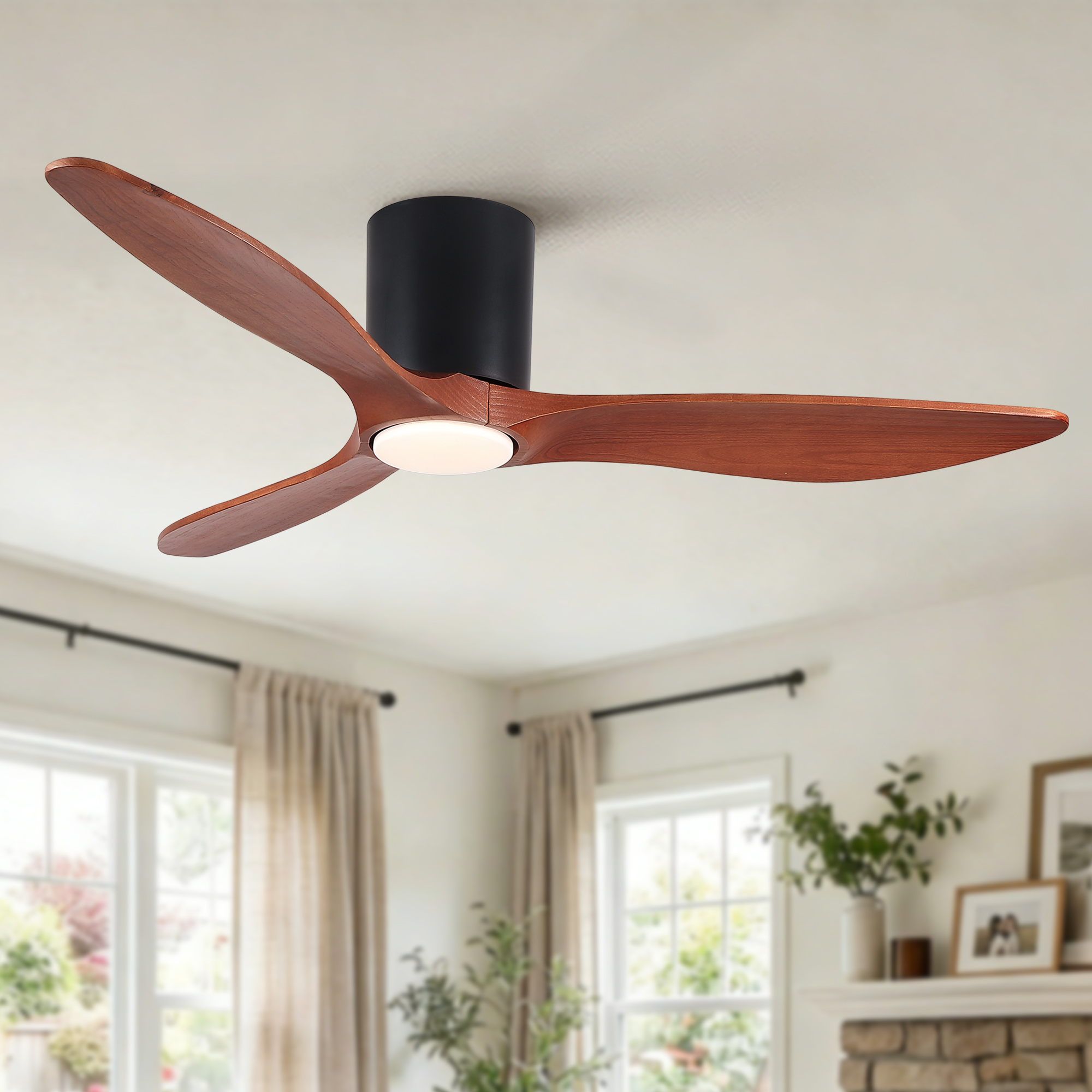 52" Mordern Farmhouse Retro Solid Wood Low Profile Flush Mount Ceiling Fan with Light and Reversible Quiet Motor - Image 2