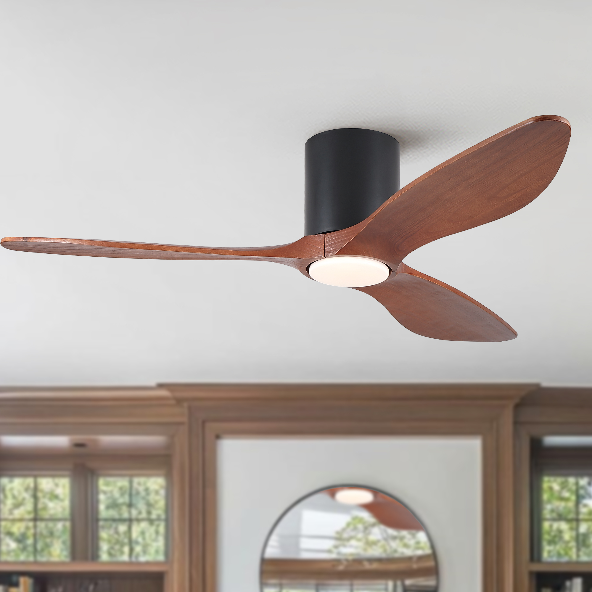 52" Mordern Farmhouse Retro Solid Wood Low Profile Flush Mount Ceiling Fan with Light and Reversible Quiet Motor - Image 3