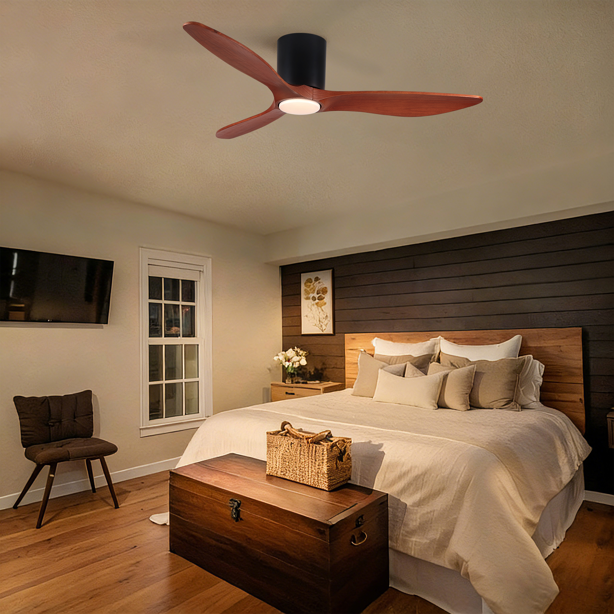 52" Mordern Farmhouse Retro Solid Wood Low Profile Flush Mount Ceiling Fan with Light and Reversible Quiet Motor - Image 4