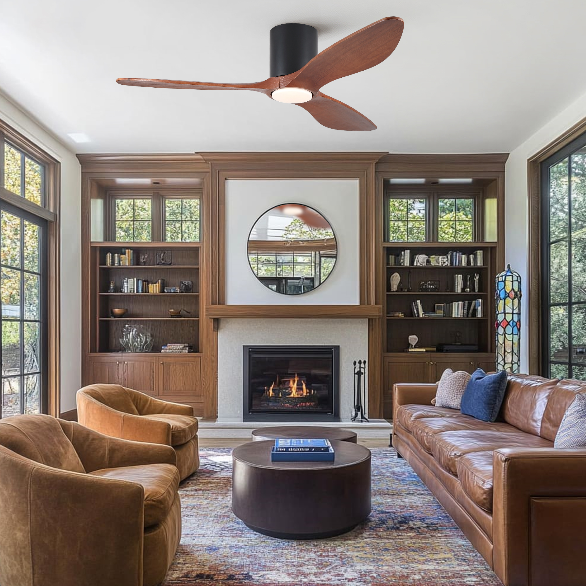 52" Mordern Farmhouse Retro Solid Wood Low Profile Flush Mount Ceiling Fan with Light and Reversible Quiet Motor - Image 6