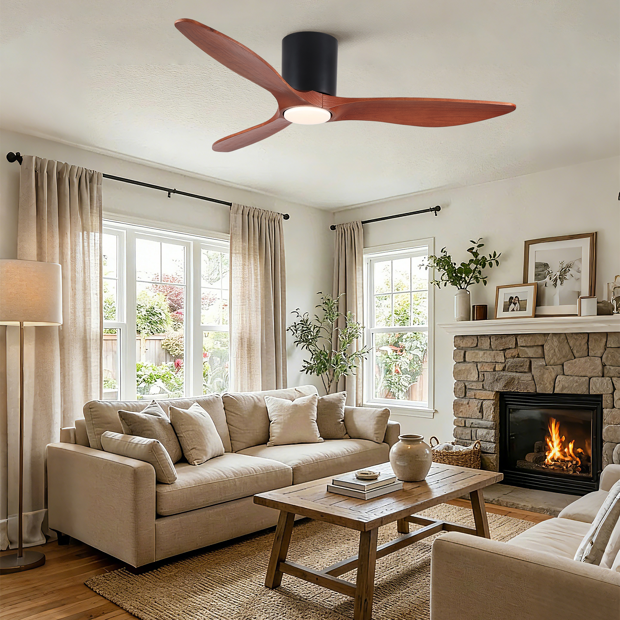 52" Mordern Farmhouse Retro Solid Wood Low Profile Flush Mount Ceiling Fan with Light and Reversible Quiet Motor - Image 5