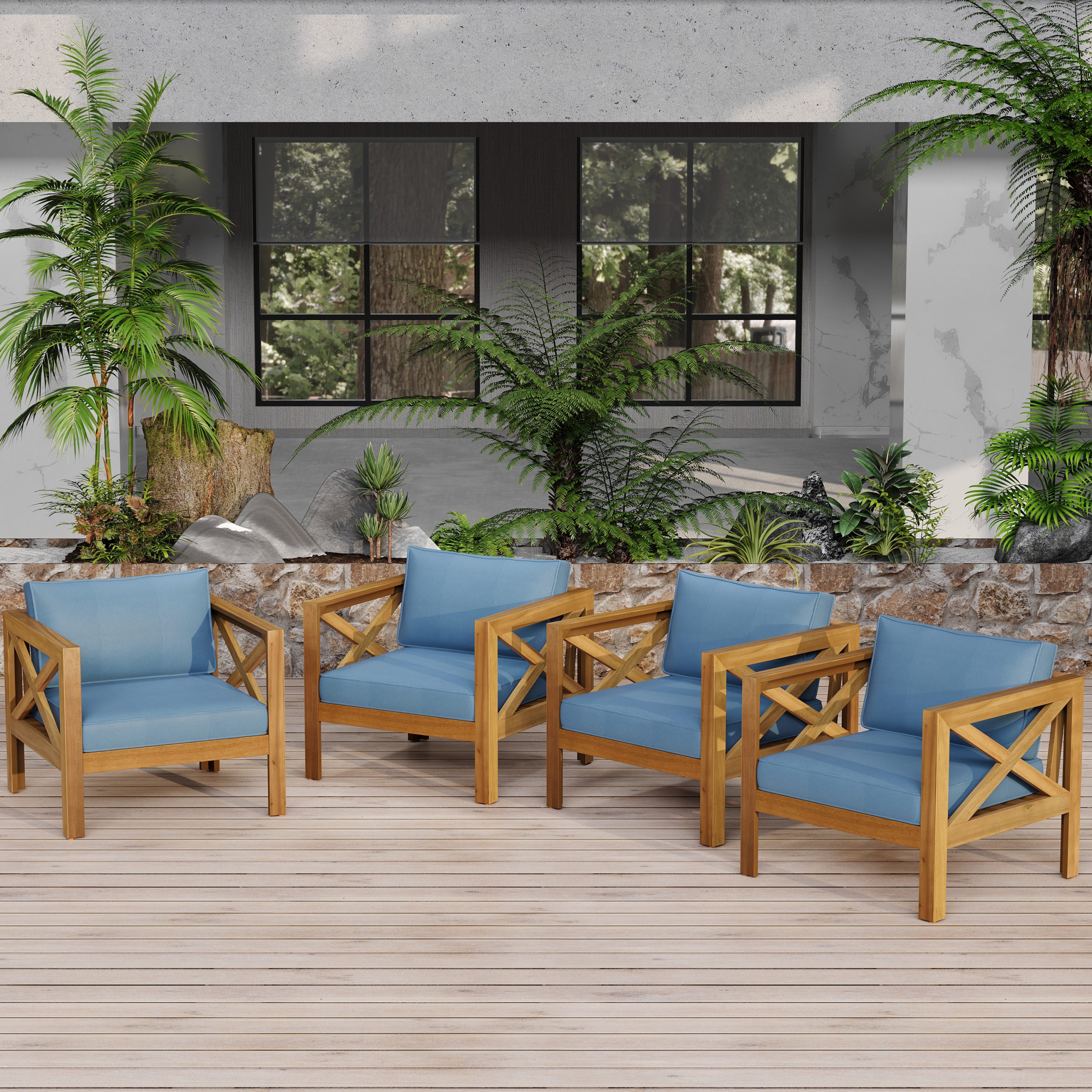 Outdoor Acacia Wood Club Wooden Armchair with Cushions (Set of 2), Conversation Set,Teak Finish,Blue cushion - Image 4
