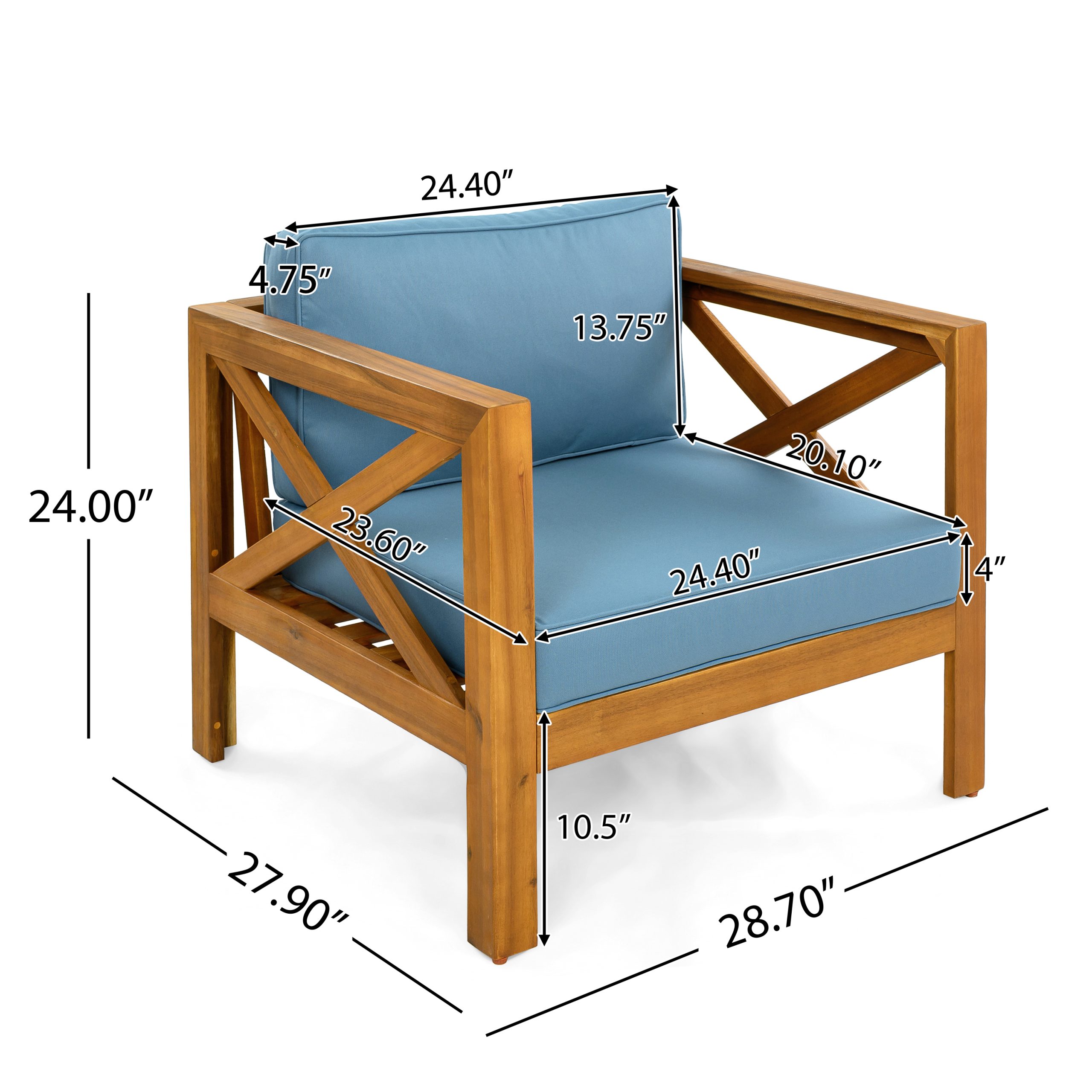 Patio Conversation Set, Outdoor Wood Leisure Seat(Set of 2),Armchair with Cushions,Selma Acacia Wood End Table ,Teak Finish,Blue cushion - Image 3