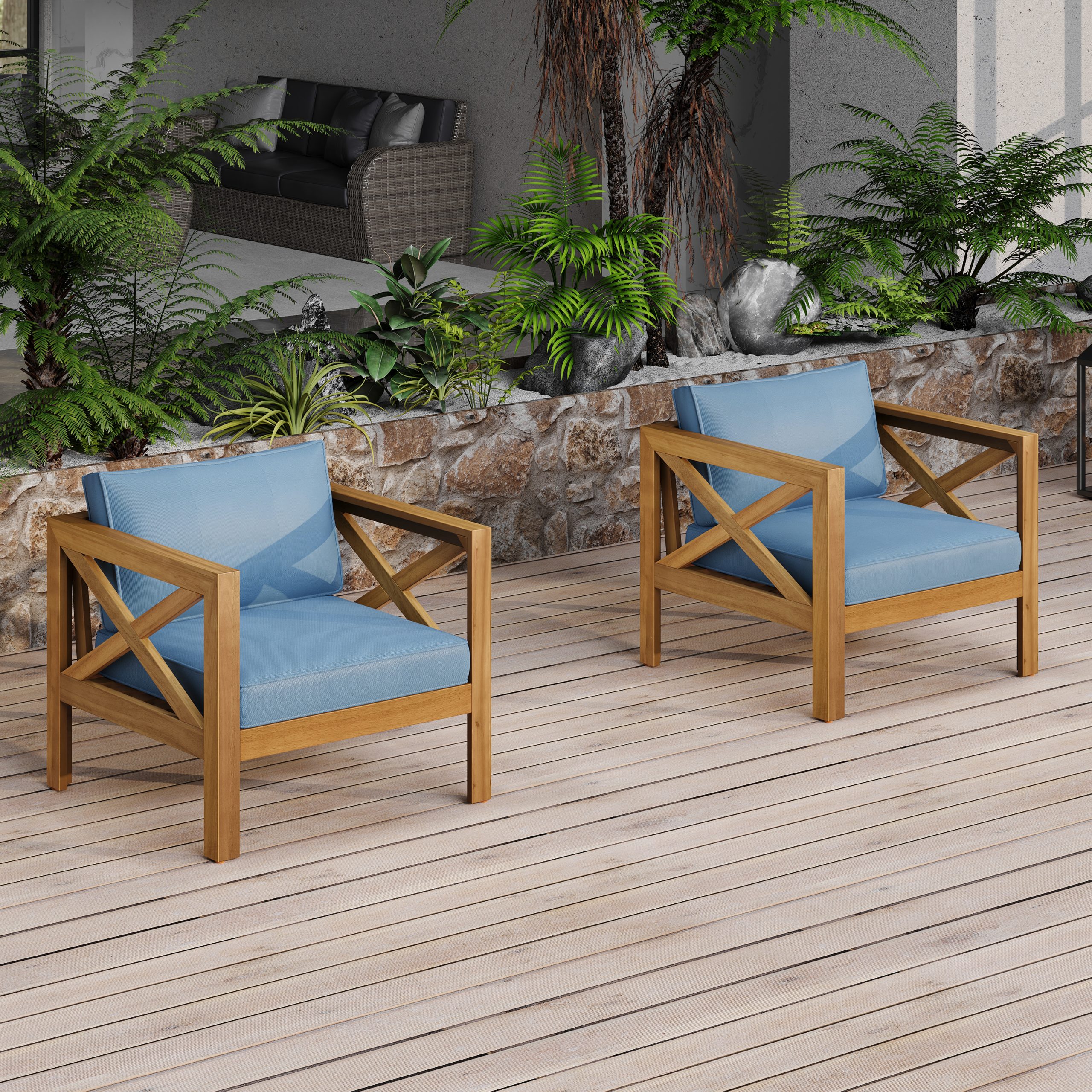 Outdoor Acacia Wood Club Wooden Armchair with Cushions (Set of 2), Conversation Set,Teak Finish,Blue cushion - Image 3