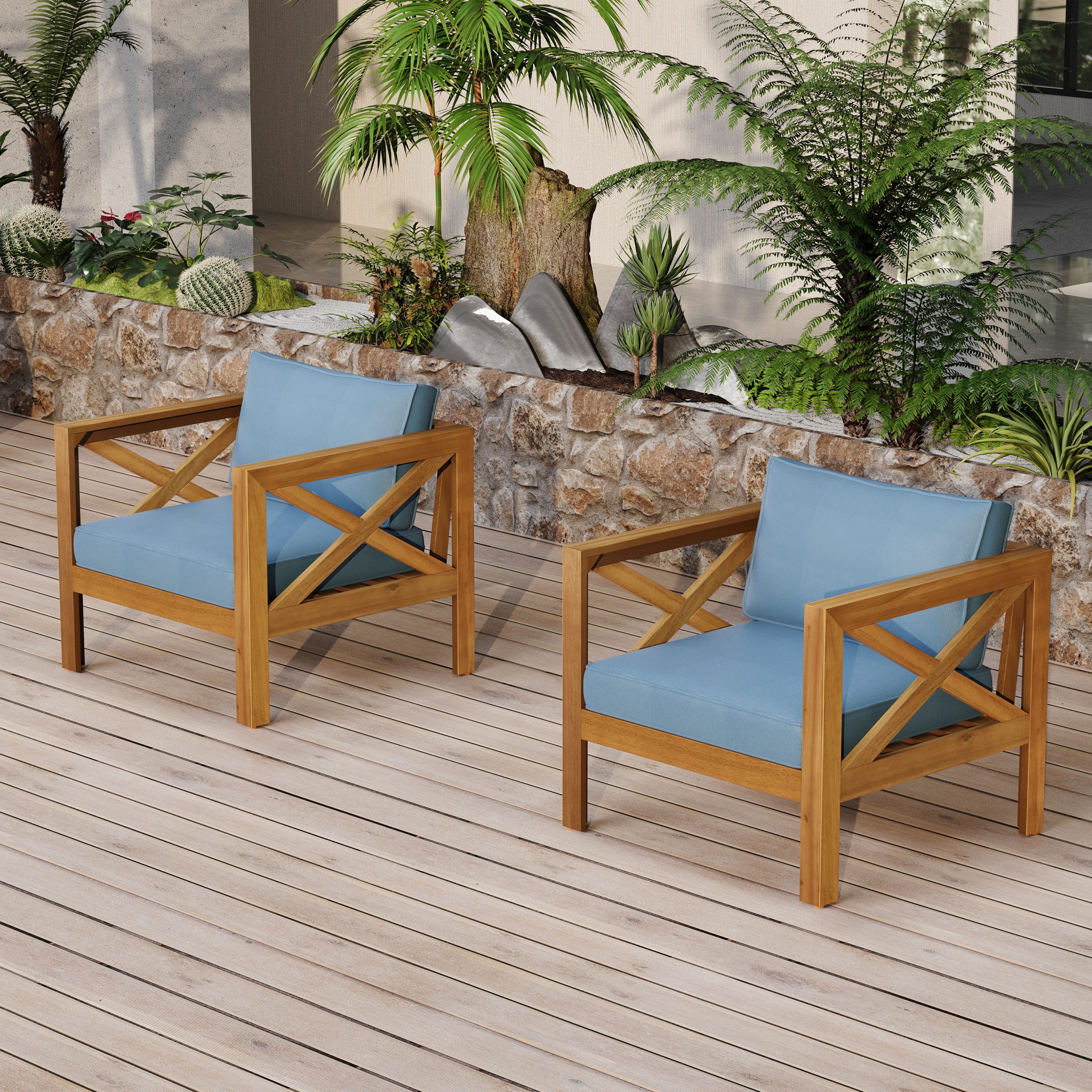 Outdoor Acacia Wood Club Wooden Armchair with Cushions (Set of 2), Conversation Set,Teak Finish,Blue cushion - Image 1