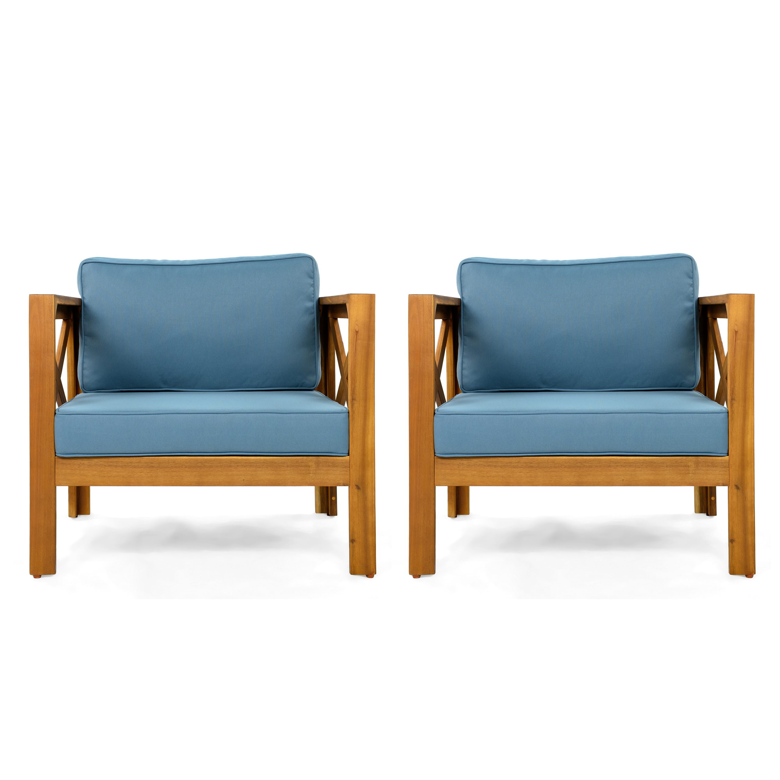 Patio Conversation Set, Outdoor Wood Leisure Seat(Set of 2),Armchair with Cushions,Selma Acacia Wood End Table ,Teak Finish,Blue cushion - Image 5