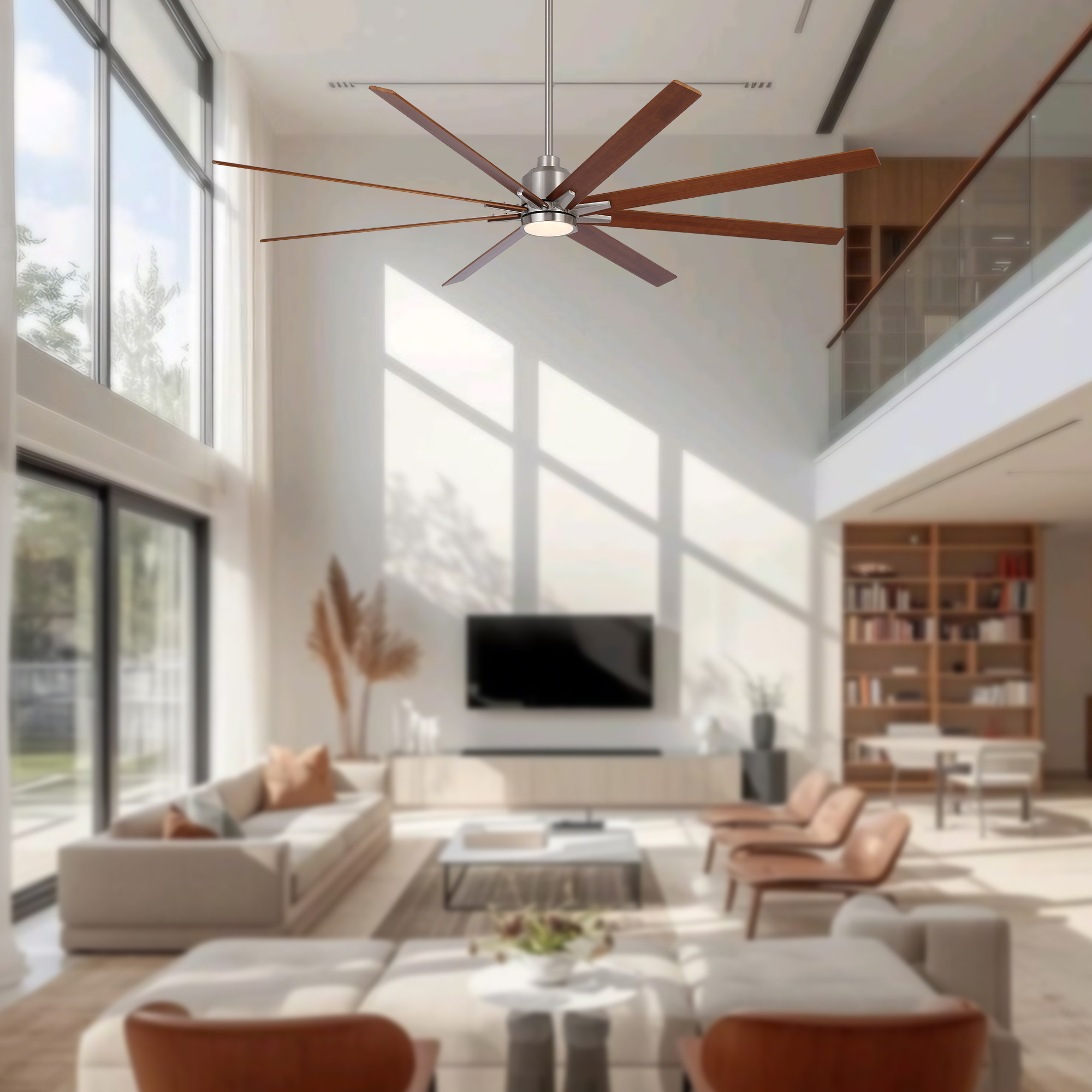84" Oversized Large Brushed Nickel Black Walnut Solid Wood Ceiling Fan with Dimmable Led Light 8 Black Walnut Solid Wood Blades Remote Control Reversible DC Motor For Living Room Warehouse Villa - Image 4