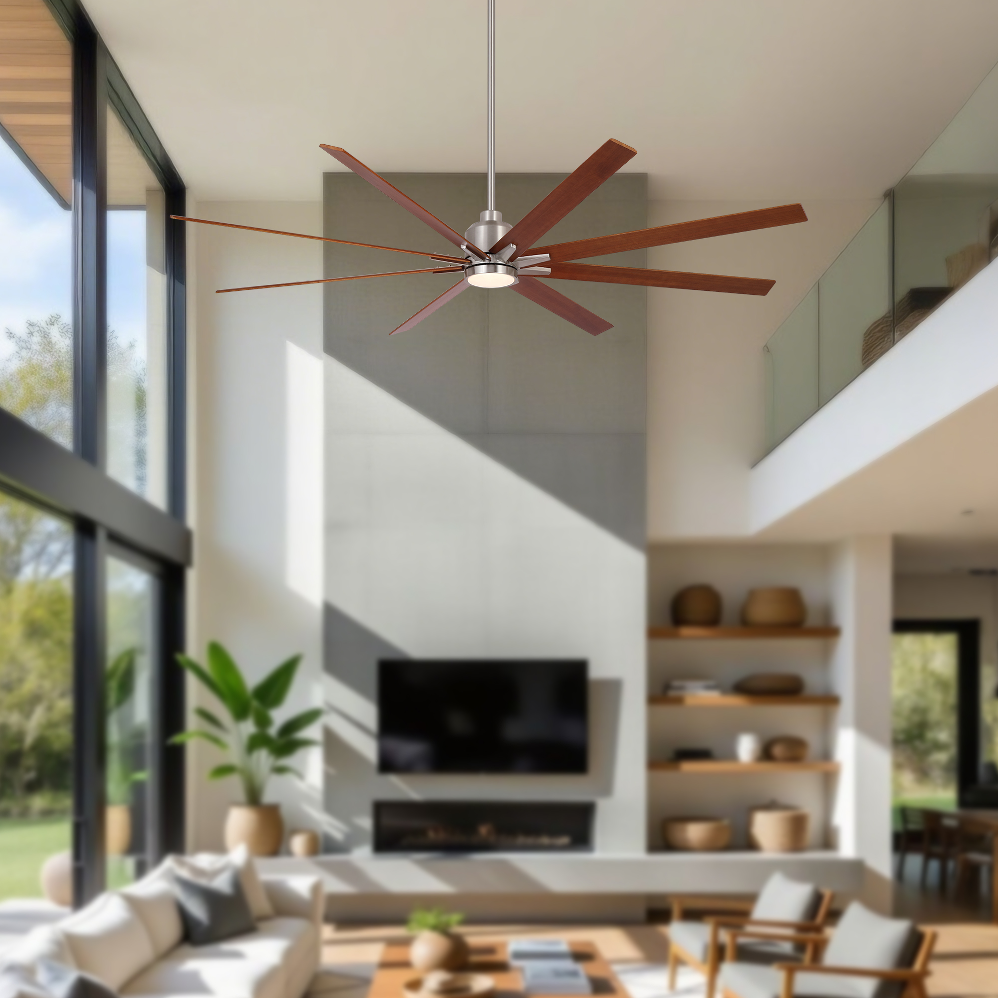 84" Oversized Large Brushed Nickel Black Walnut Solid Wood Ceiling Fan with Dimmable Led Light 8 Black Walnut Solid Wood Blades Remote Control Reversible DC Motor For Living Room Warehouse Villa - Image 5