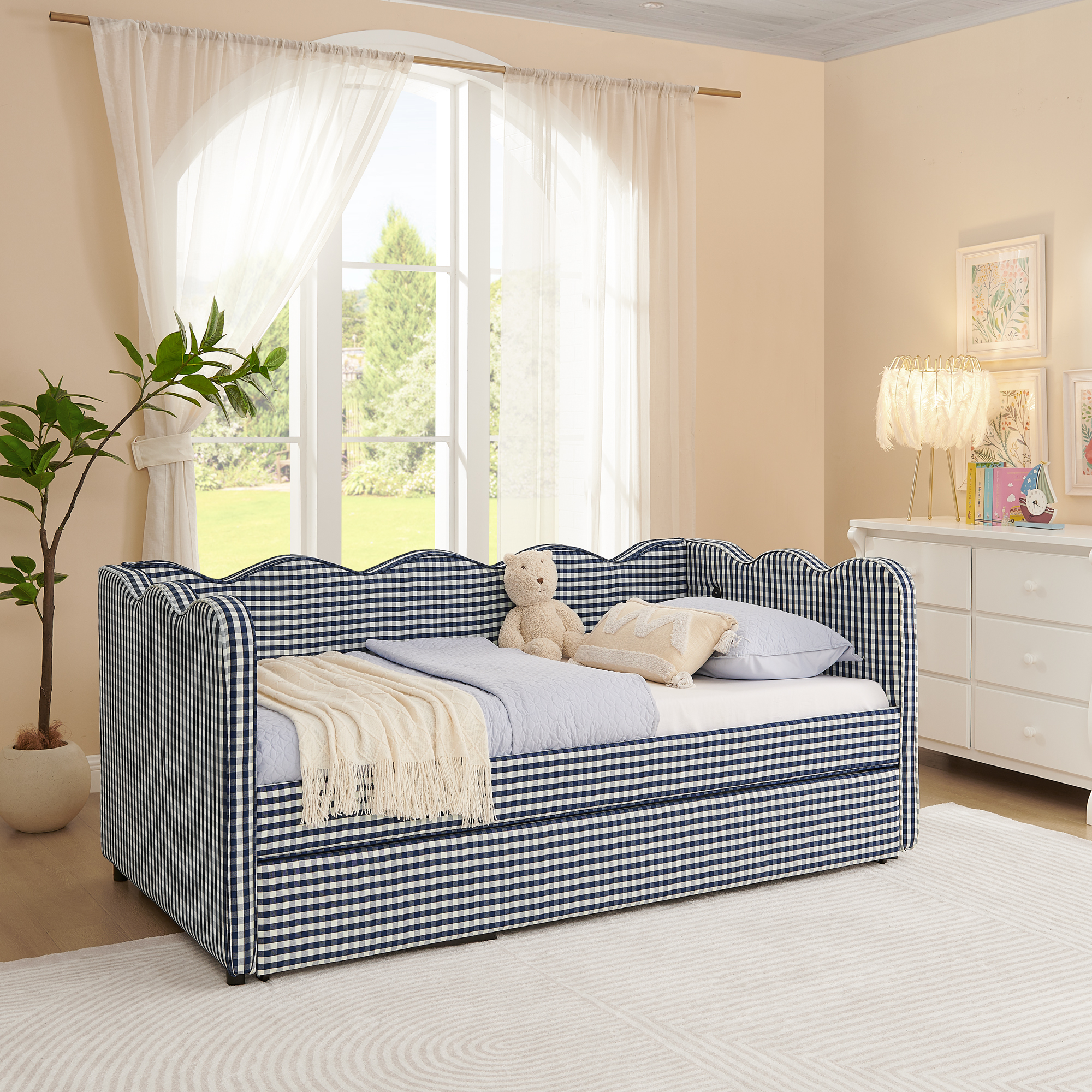 Cozy Gingham Daybed with Trundle Twin Size Sofa Bed No Box Spring Needed, with USB Port and Adorable Wave Shaped, Linen Fabric, Navy - Image 6