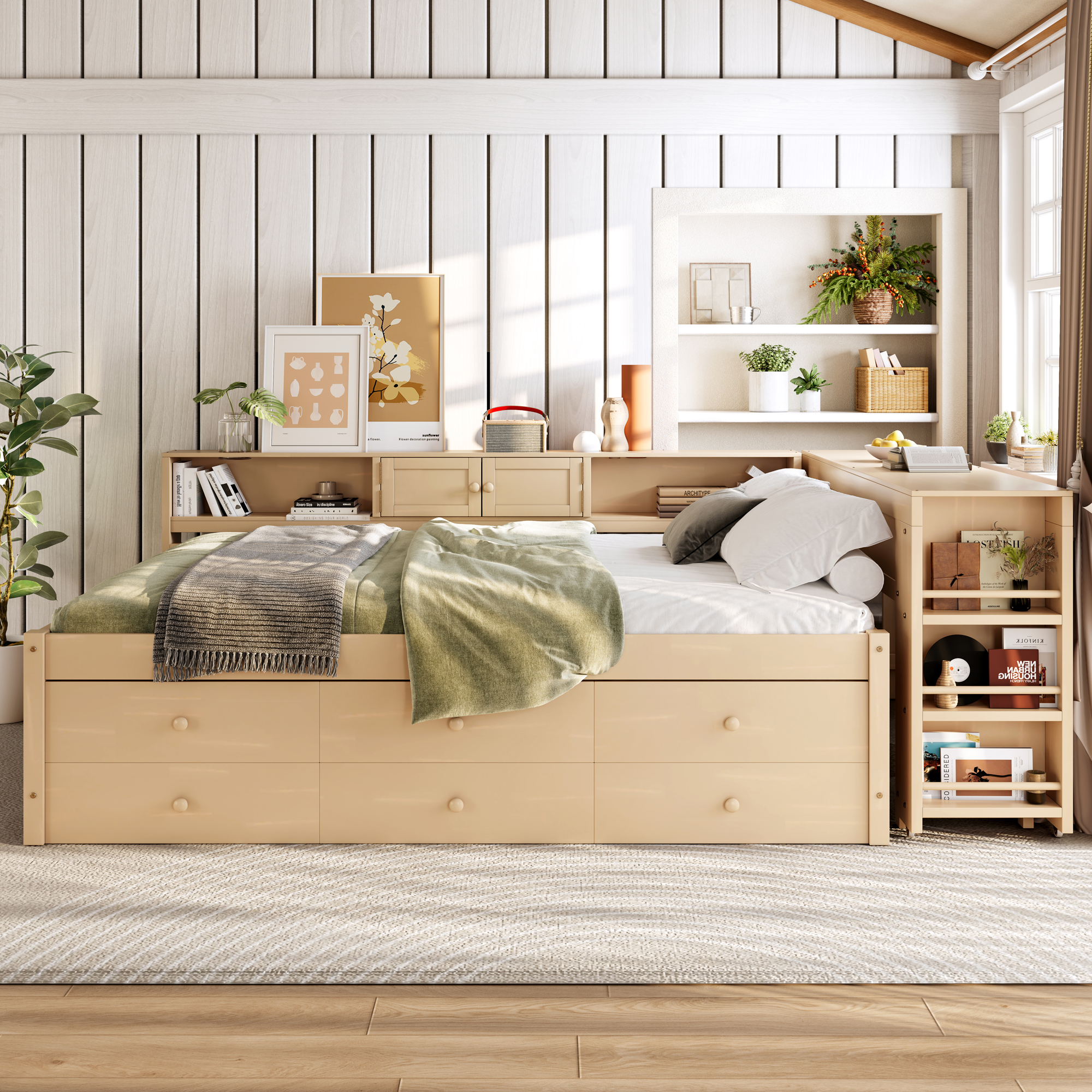 Full Size Daybed With Trundle,Wood Daybed Frame with Storage Drawers,Side Shelves and Desk,Golden - Image 2